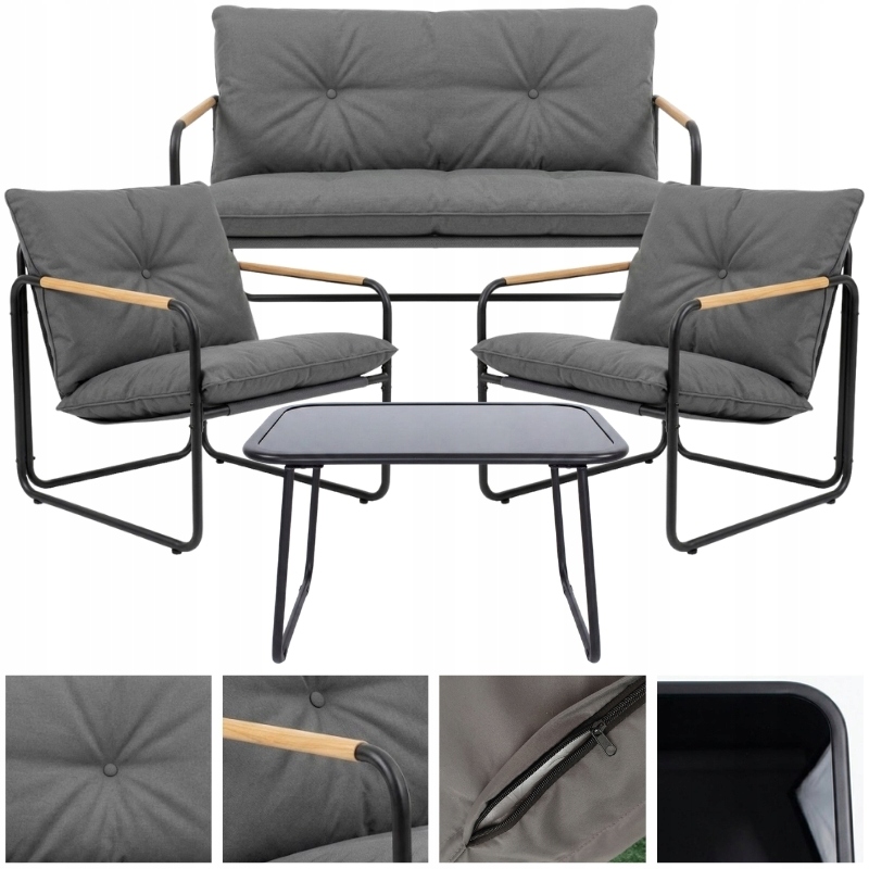 Zestaw Mebli Ogrodowych na Balkon Taras Sofa 2 x Fotel Stolik Szary Komplet