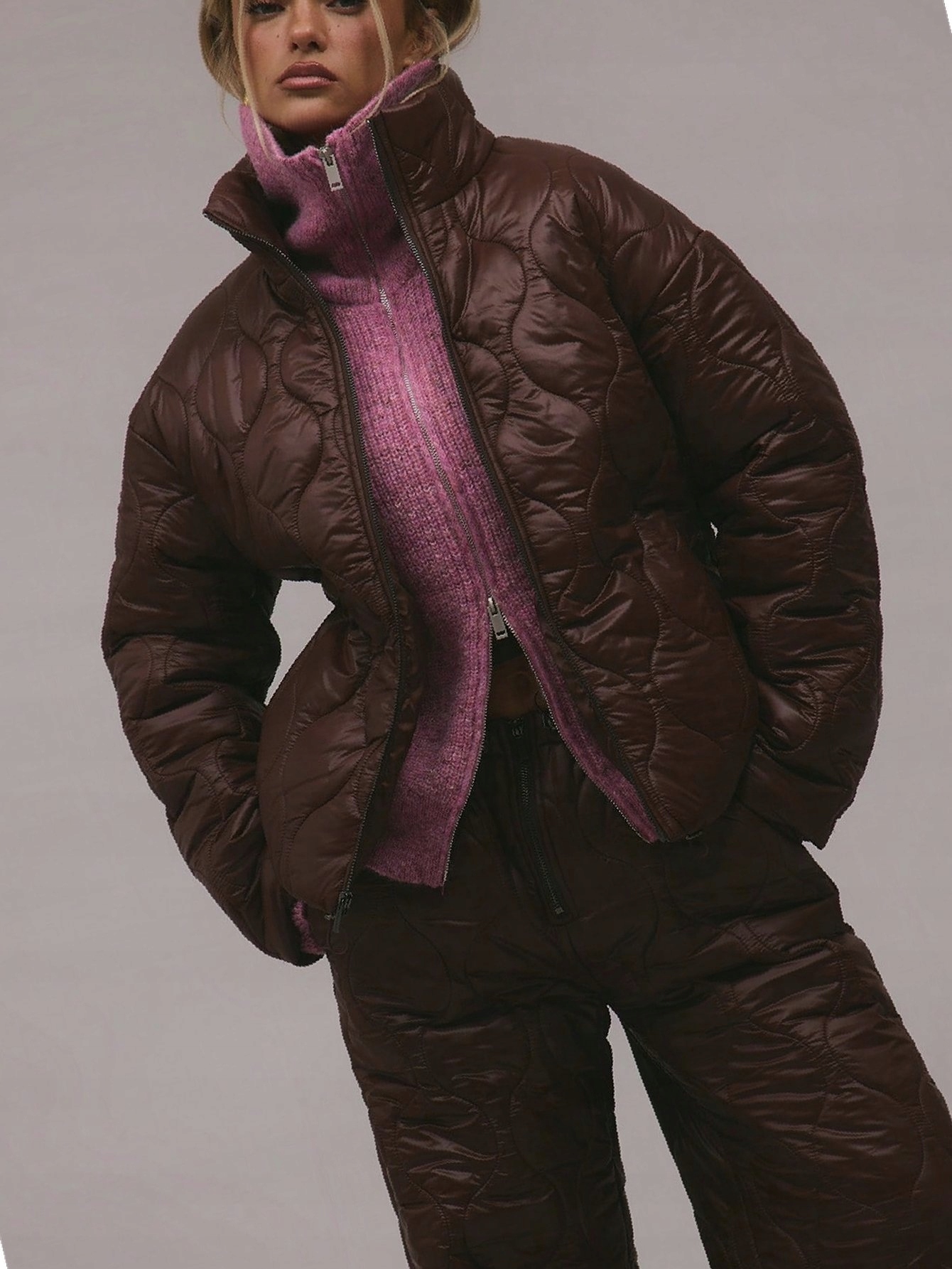 Hnědá prošívaná bunda pro každodenní nošení, stylová, Oversize Xs 34