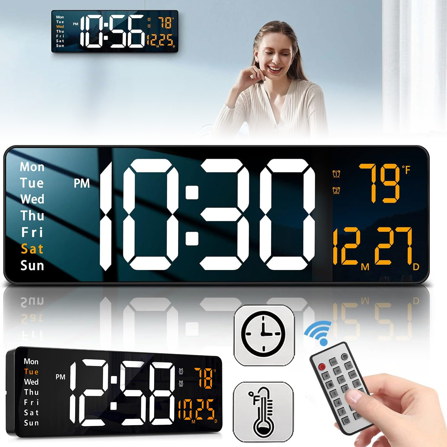 Led Digitální Nástěnné Hodiny Velké Elektronické Datum Trvalá Teplota 16 Palců