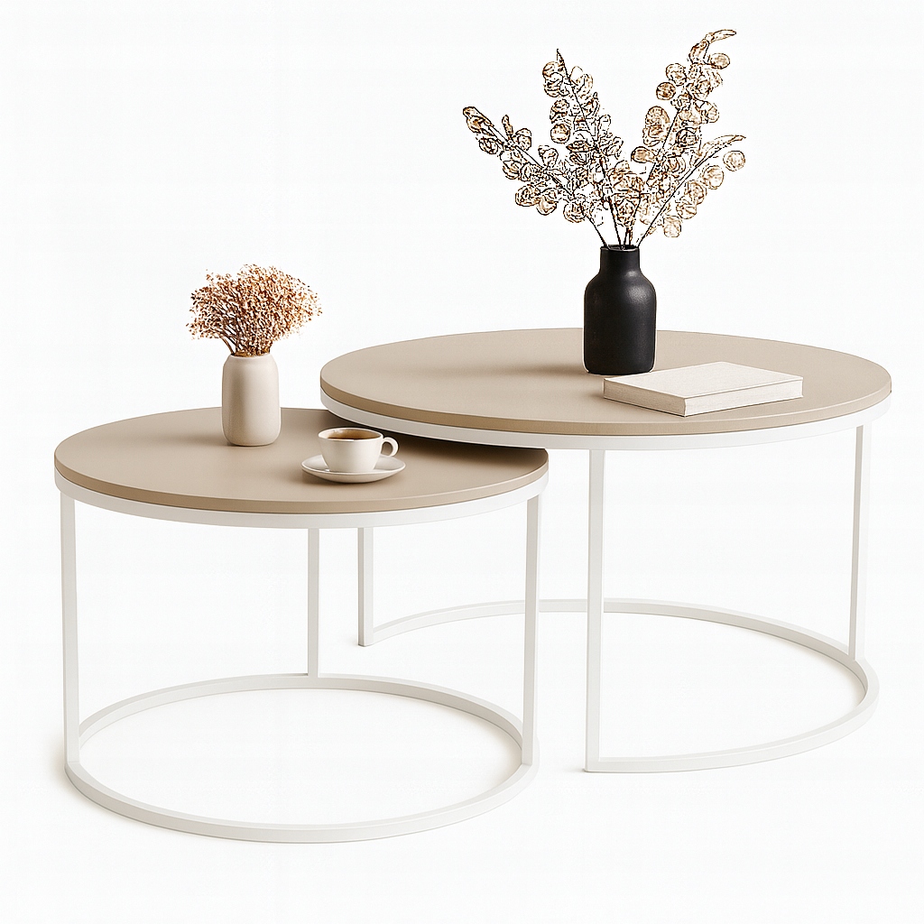 STOLIKI KAWOWE OKRĄGŁE ZESTAW FI 80/60cm GLAMOUR 2w1 KASZMIR / BIAŁY