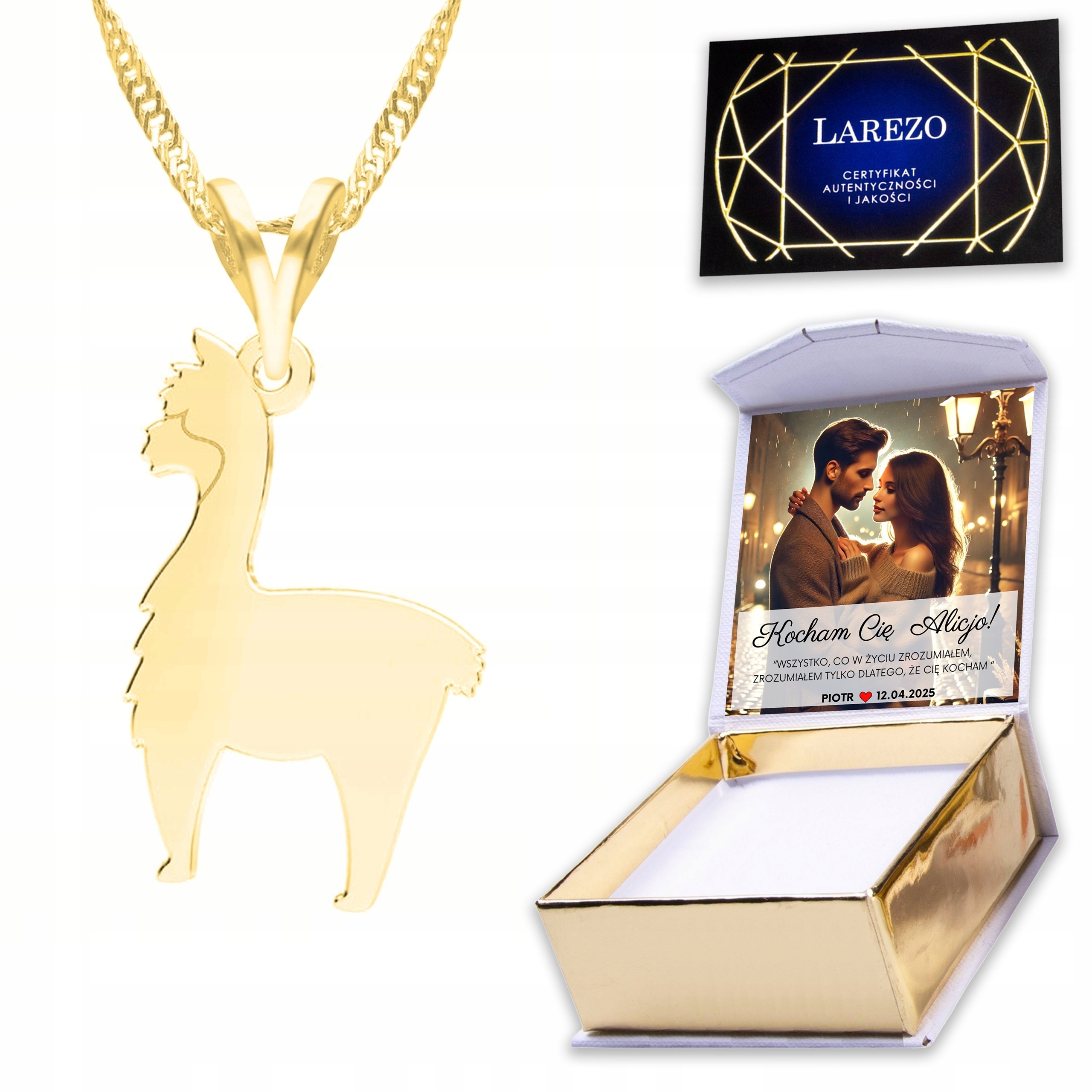 Zlatý náhrdelník 925 s Alpakou Zvíře Lama Přívěsek Přívěsek Plech Potisk