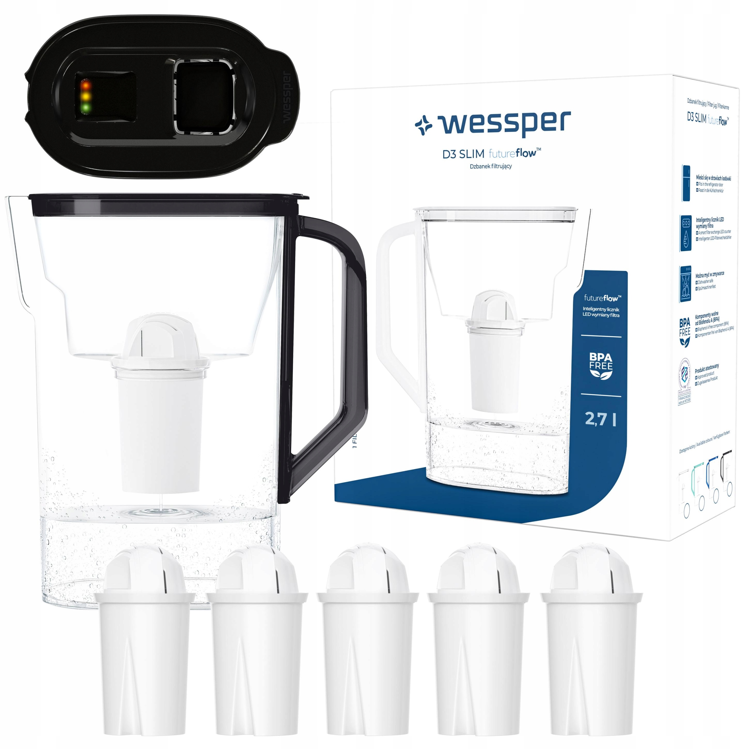 Dzbanek filtrujący do lodówki z licznikiem Led Wessper D3 Slim 6x filtr