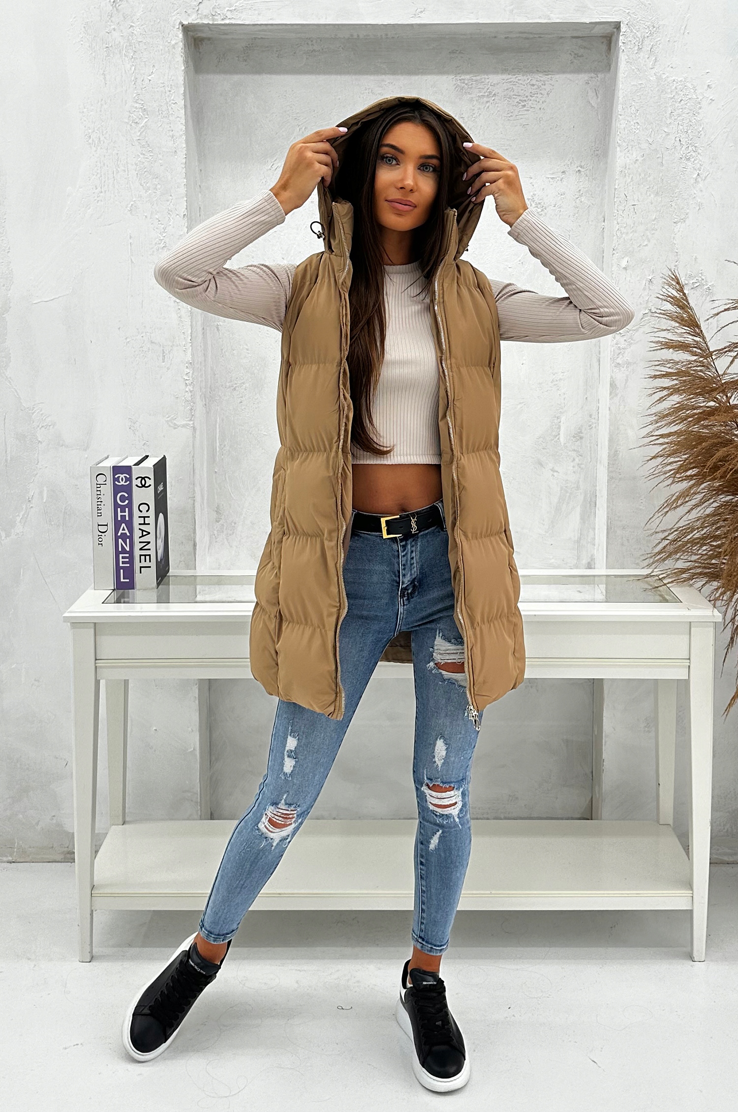 DZ721 r M DAMSKI BEZRĘKAWNIK KAMIZELKA OCIEPLANA Kaptur z kapturem