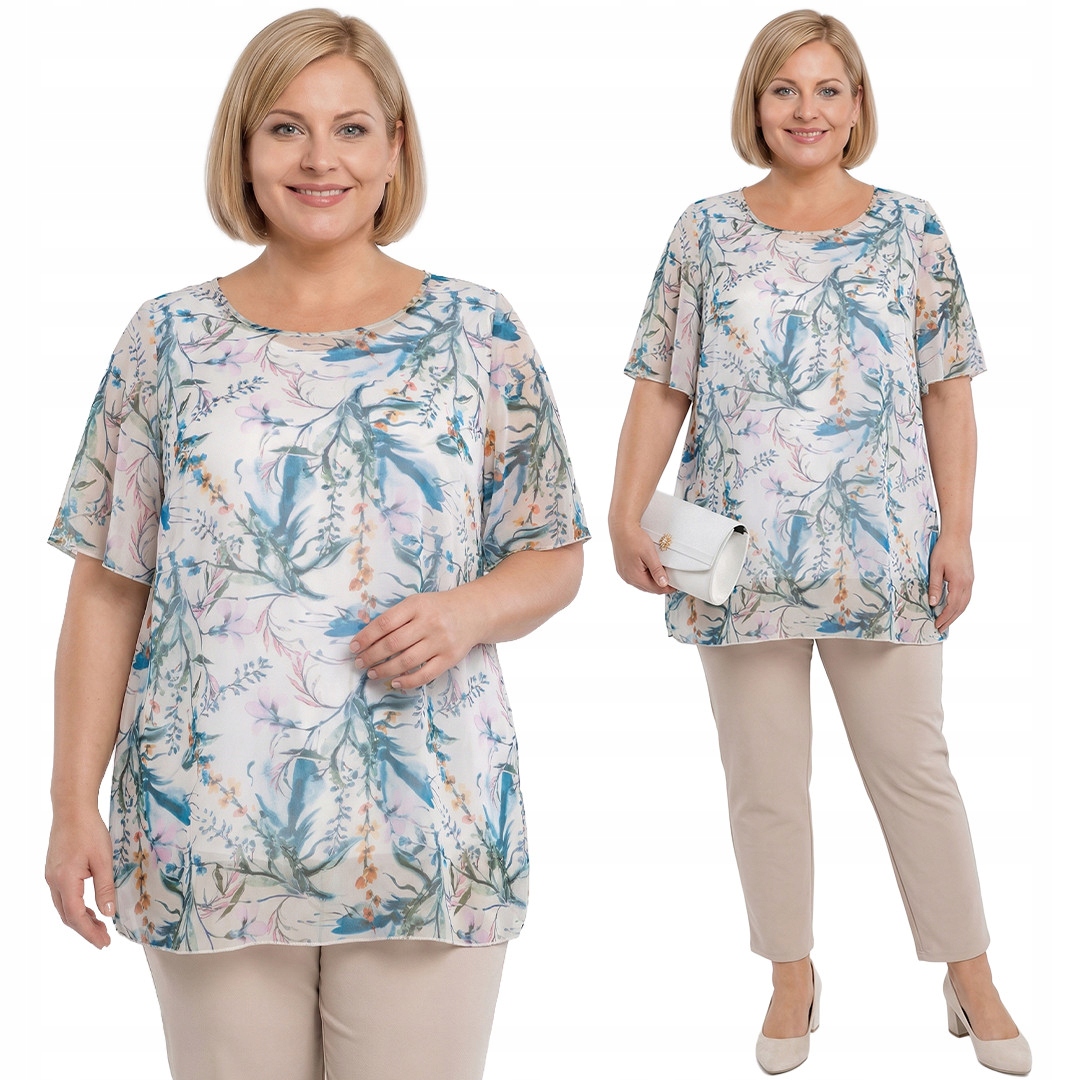 Šifonová tunika zeleno-šedé květy plus size velikost 48