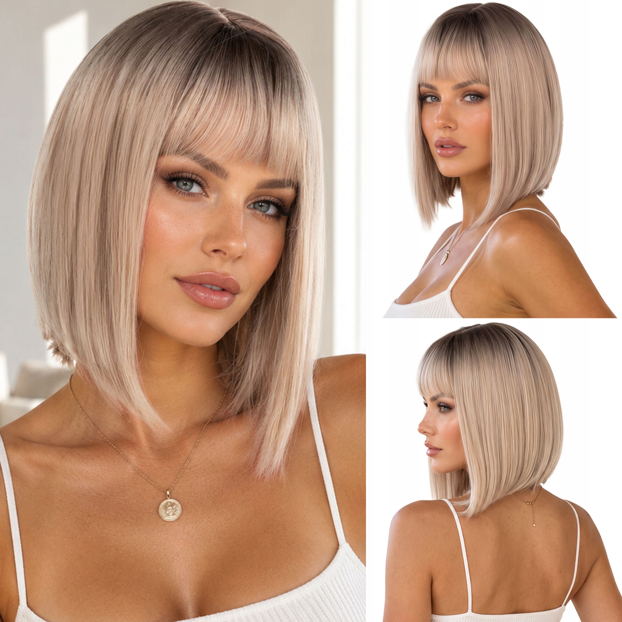 Peruka z włosów syntetycznych Bob grzywka półdługa szampański blond odrost