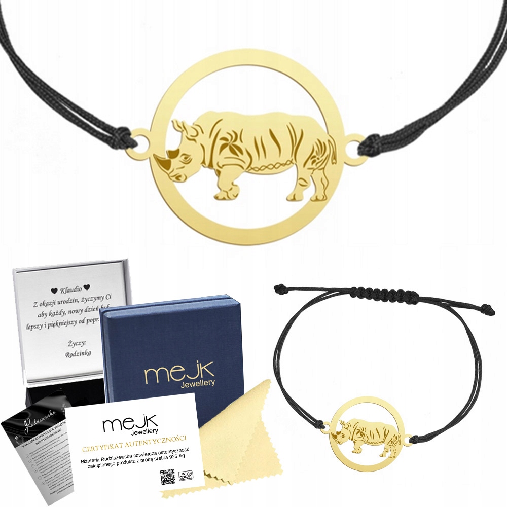 Zlatý náramek s nosorožcem 925 šňůrka Dárek Šperky Gravírování Bonus