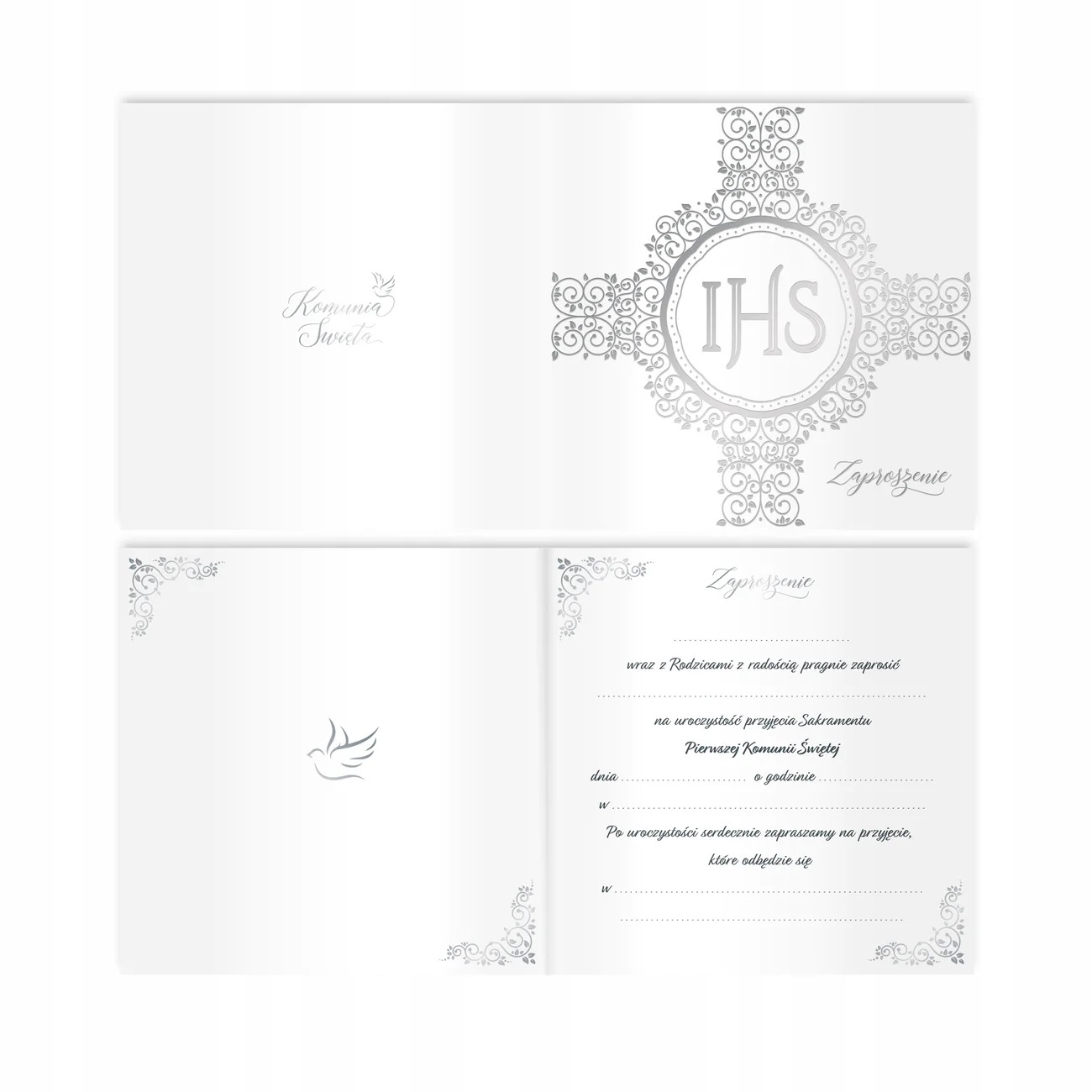 Zaproszenia komunijne białe srebrne zaproszenie na I Komunię z kopertą x10 Rodzaj komunia