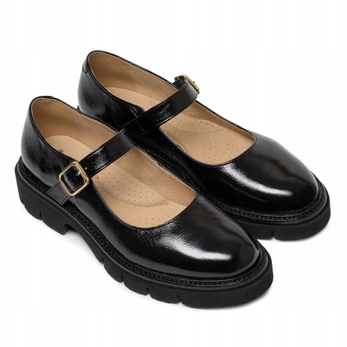 Brilu Polskie Skórzane Półbuty Damskie Z Klamrą Merida Czarne Lakier 37