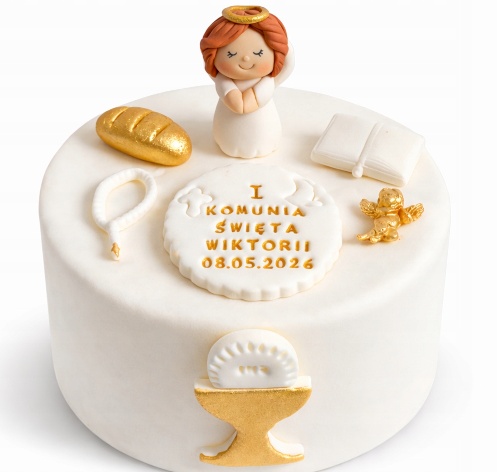 Zestaw komunijny na tort figurka cukrowa aniołek personalizowana kielich