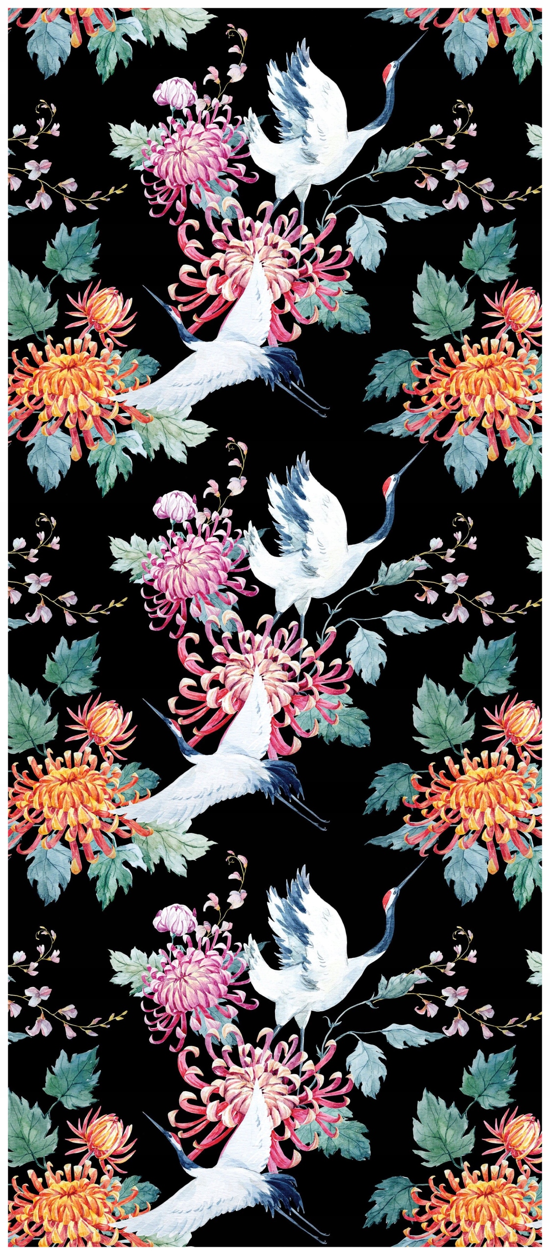 Samolepka Fototapeta Jeřábi a chryzantémy v květinové zahradě 91x211