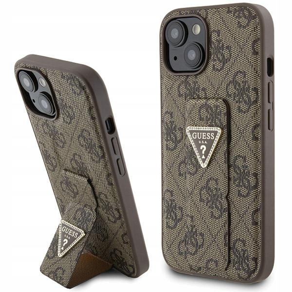 Etui Guess do iPhone 15 6.1" brązowy Grip Stand 4G Triangle Strass