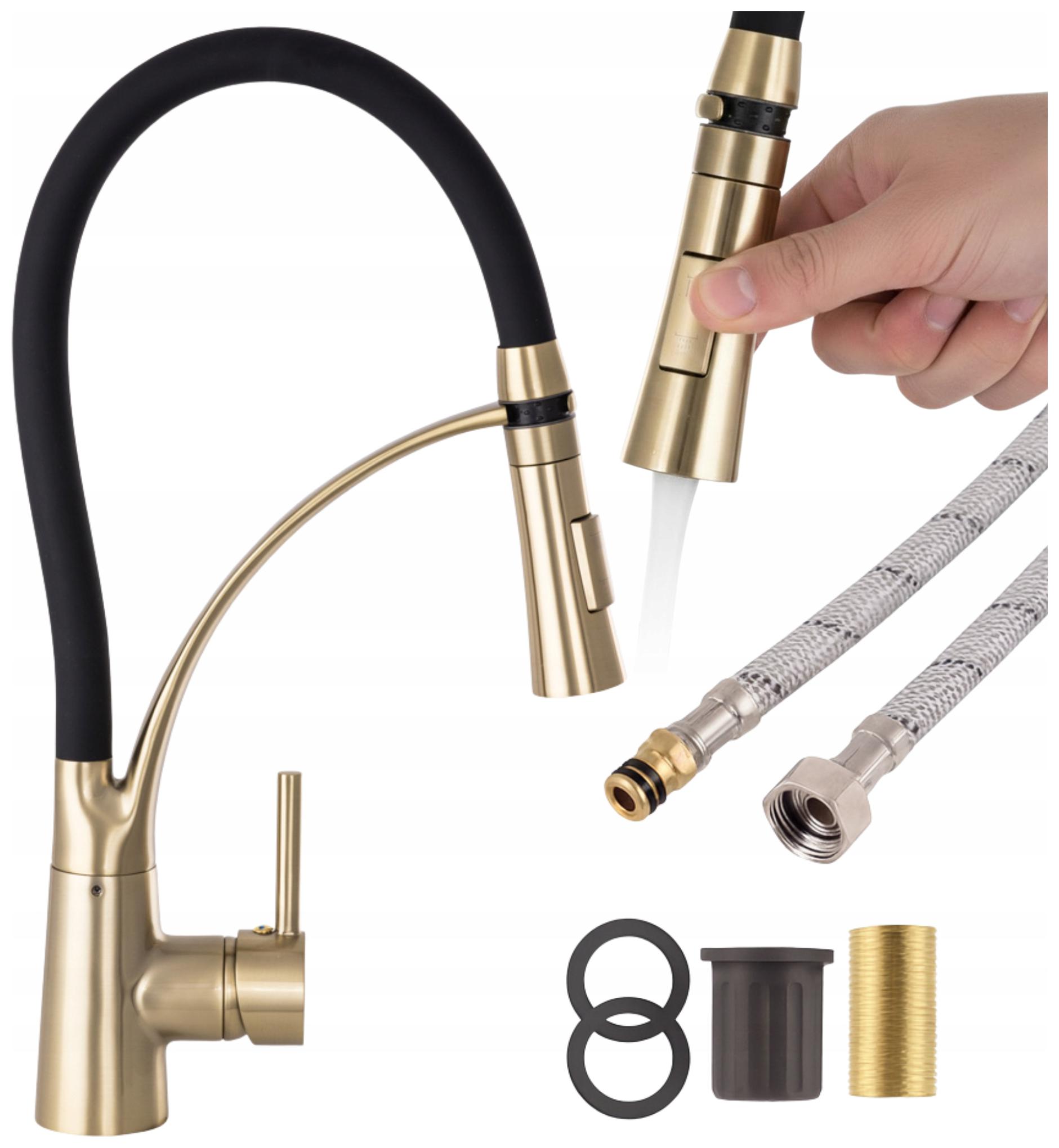 Kuchynská Batéria Nexo Elastická Vypúšťacia Jednotka Brushed Gold stojaca hadičky