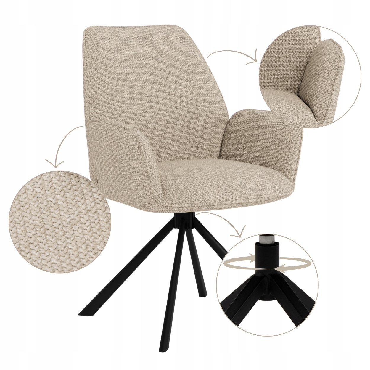 Pohodlná Otočná Stolička Béžová Do Jedálne V obývačke s čalúneným operadlom