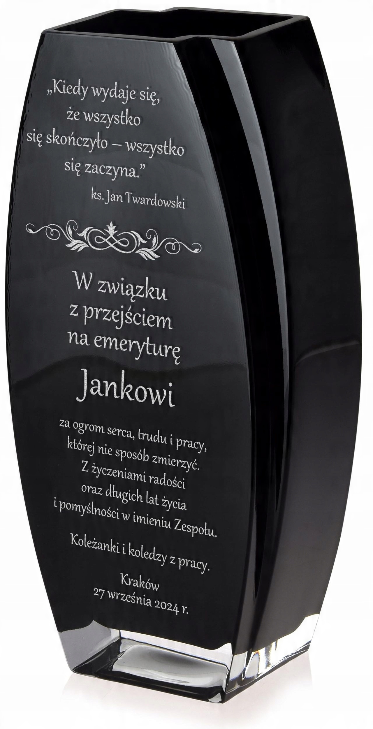 

Czarny Wazon 32cm Grawer Podziękowania Rocznica