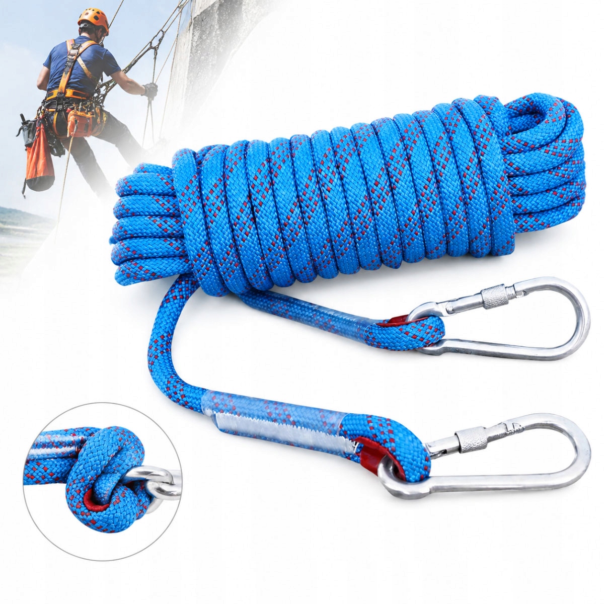 Lina zabezpieczająca 30m 10mm – wspinaczka, 2 karab., 888kg wytrz.