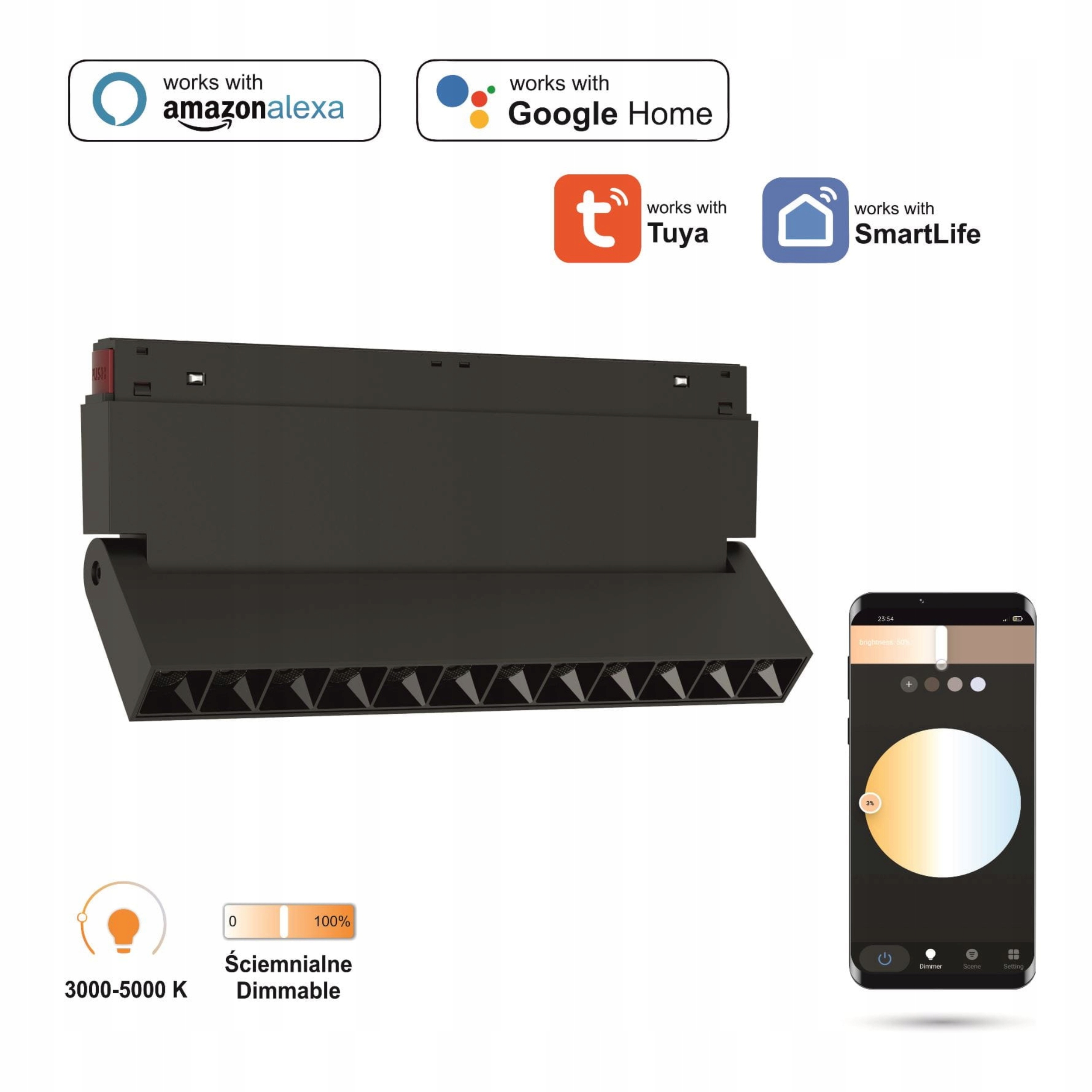 Lineárny Led reflektor WiFi 2.4 GHz Nastaviteľný 12 W pre koľajnice Smart Track 48VDC