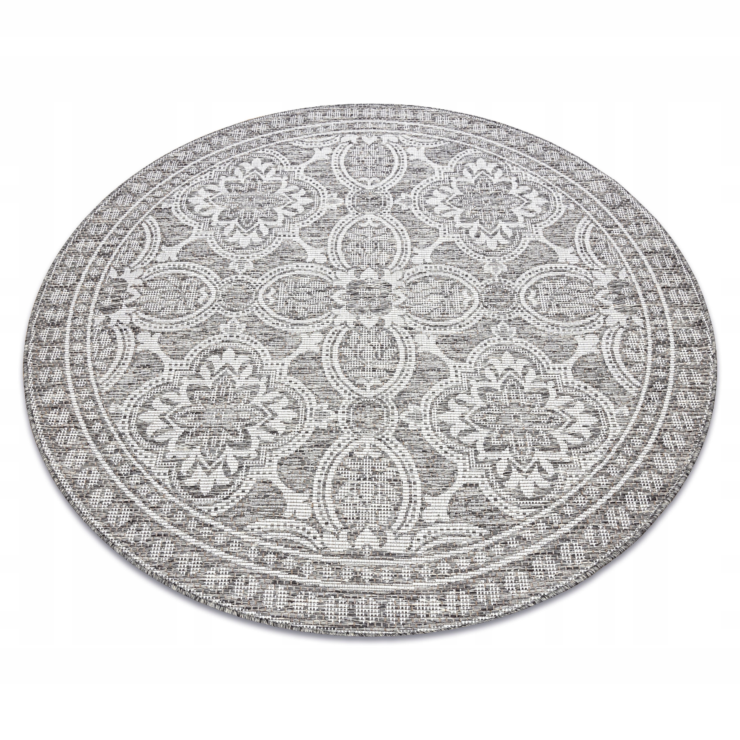 Dywan Sznurkowy Sizal Boho Ornament Arabeska Ramka beż/szary koło 120 cm