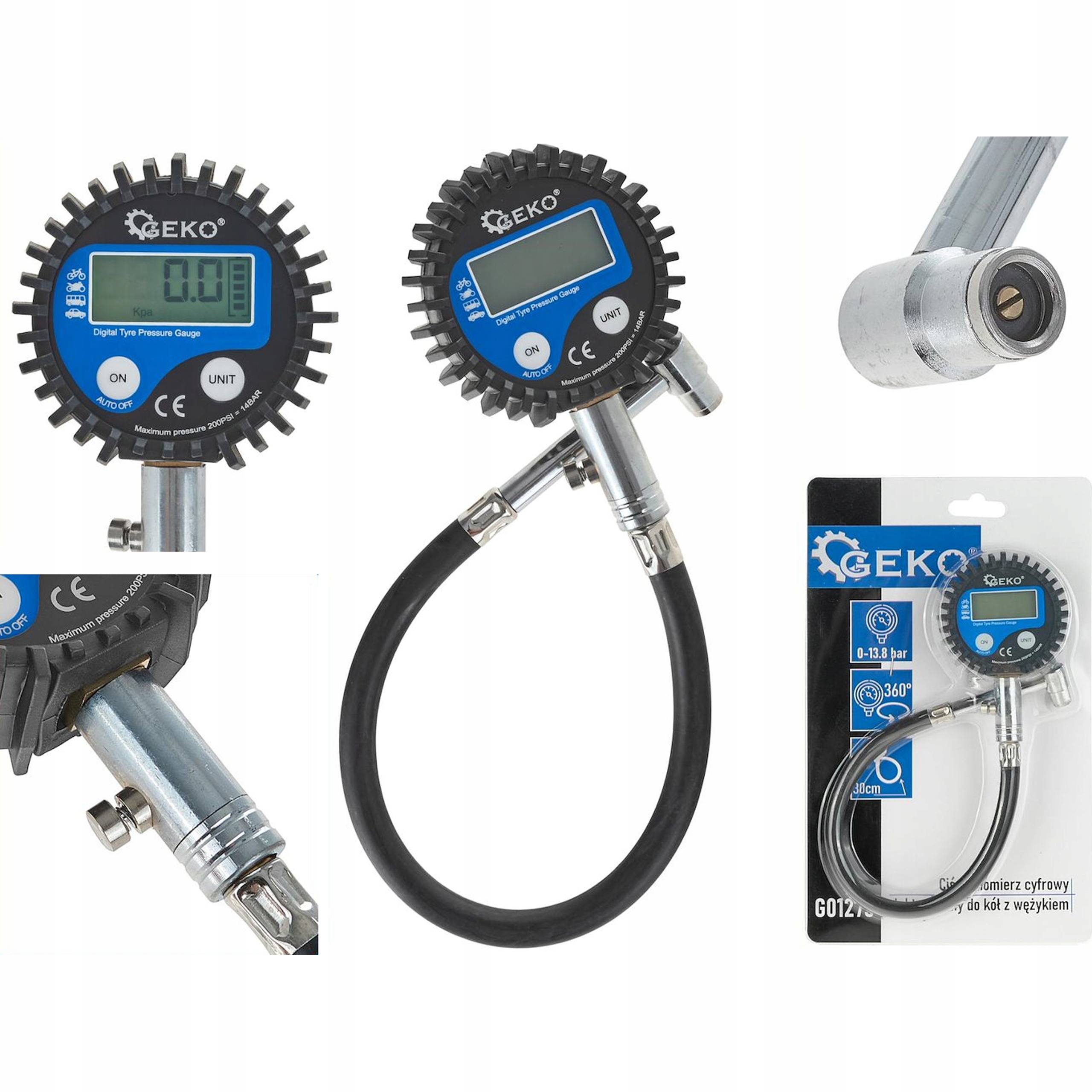 Cyfrowy ciśnieniomierz do kół z wężykiem LCD 0-200 psi Geko G01273