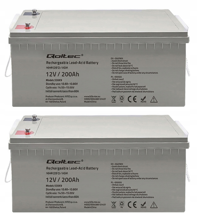 2X AKU. AGM QOLTEC 12V 200Ah ŁÓDŹ KAMPER DZIAŁKA SOLAR PRZETWORNICA UPS