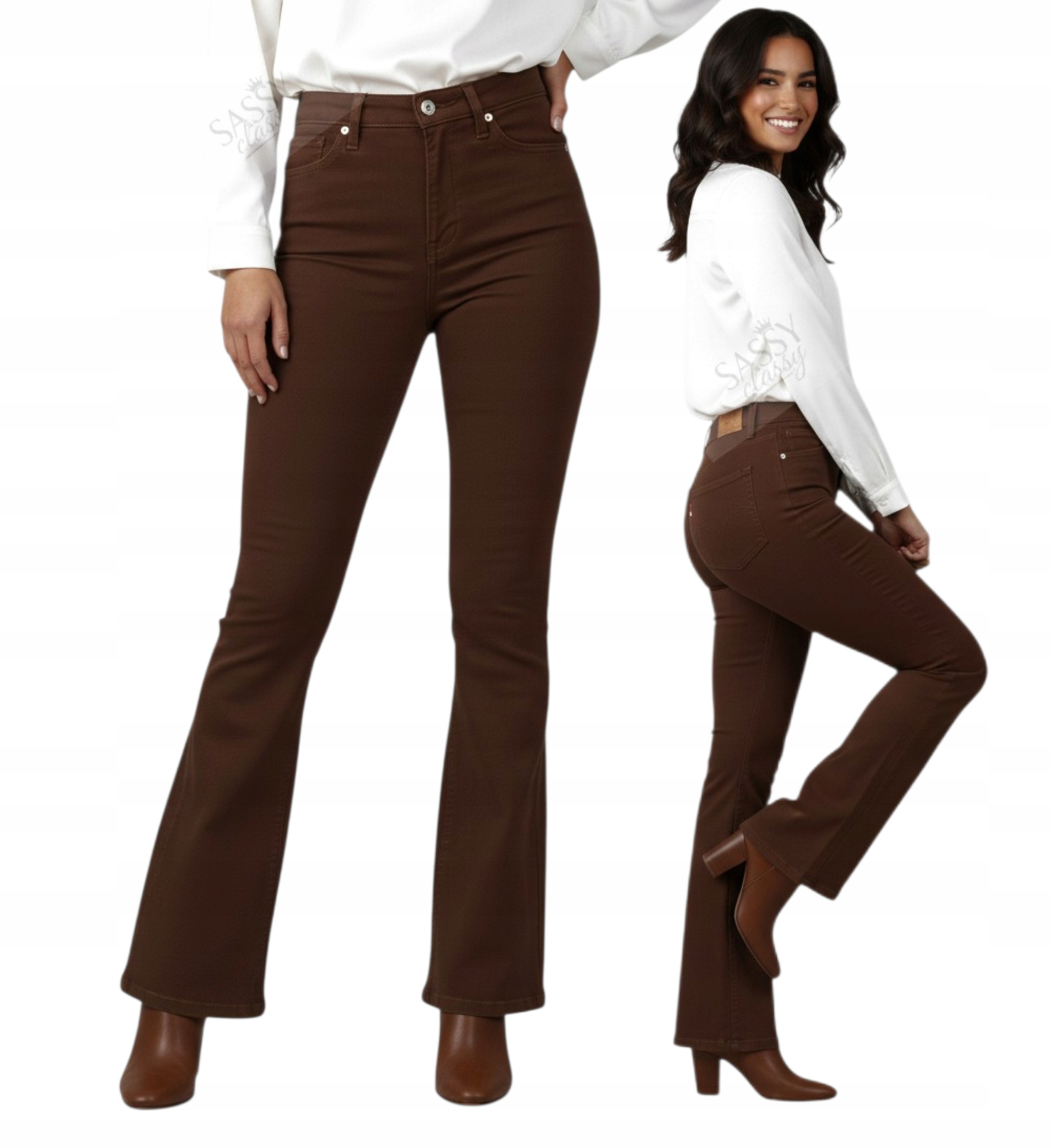 Modne Spodnie Jeansy Dzwony, Modelujące Push Up r. 40 L Czekoladowe