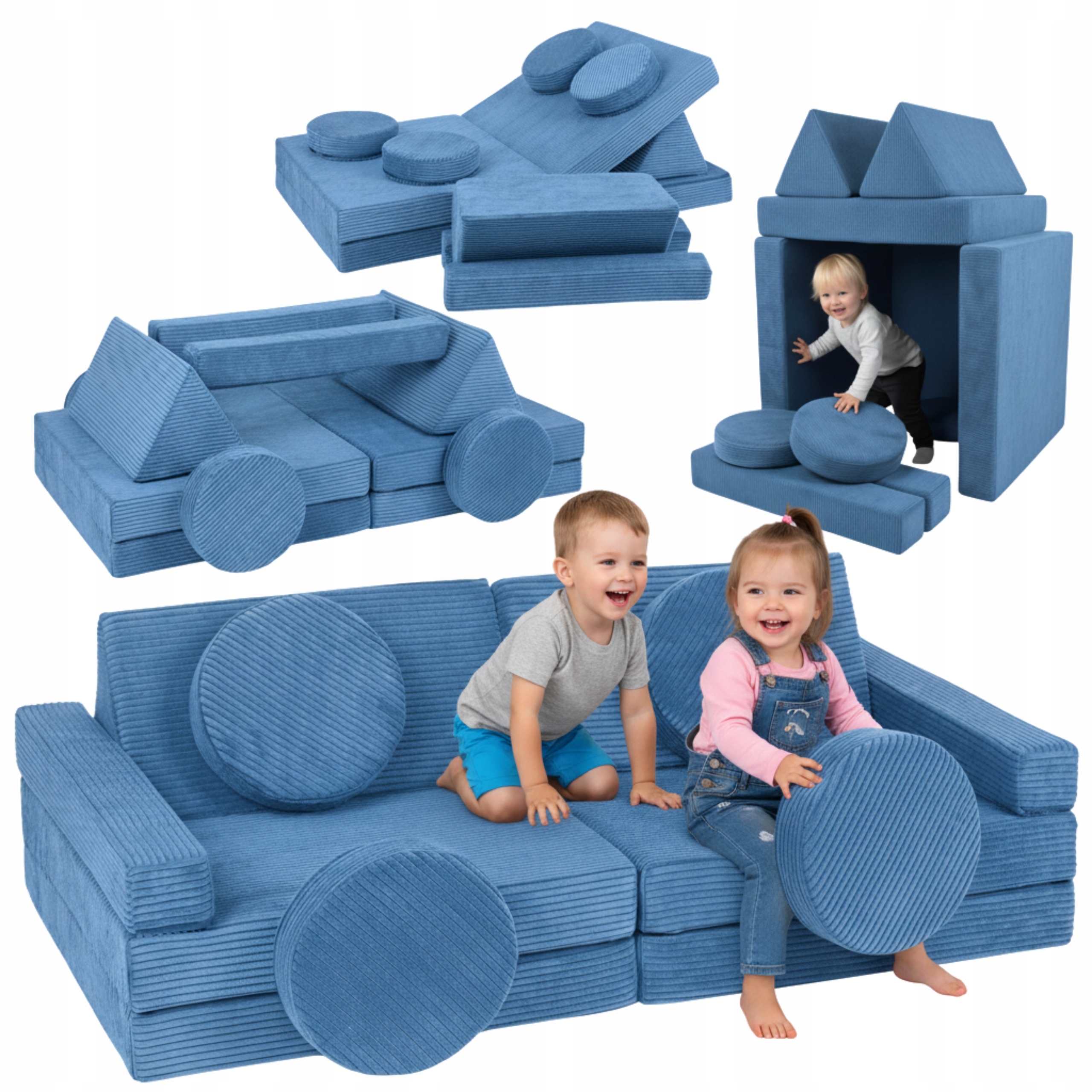 Sofa Modułowa Dla Dzieci Piankowa Klocki Niebieski Sztruks Polska Firma