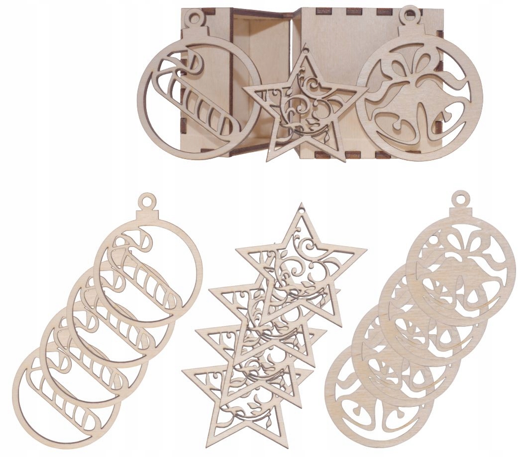 ZESTAW ze sklejki - PUDEŁKO DEKORY NA CHOINKĘ bombki gwiazdki 5cm / 15 szt