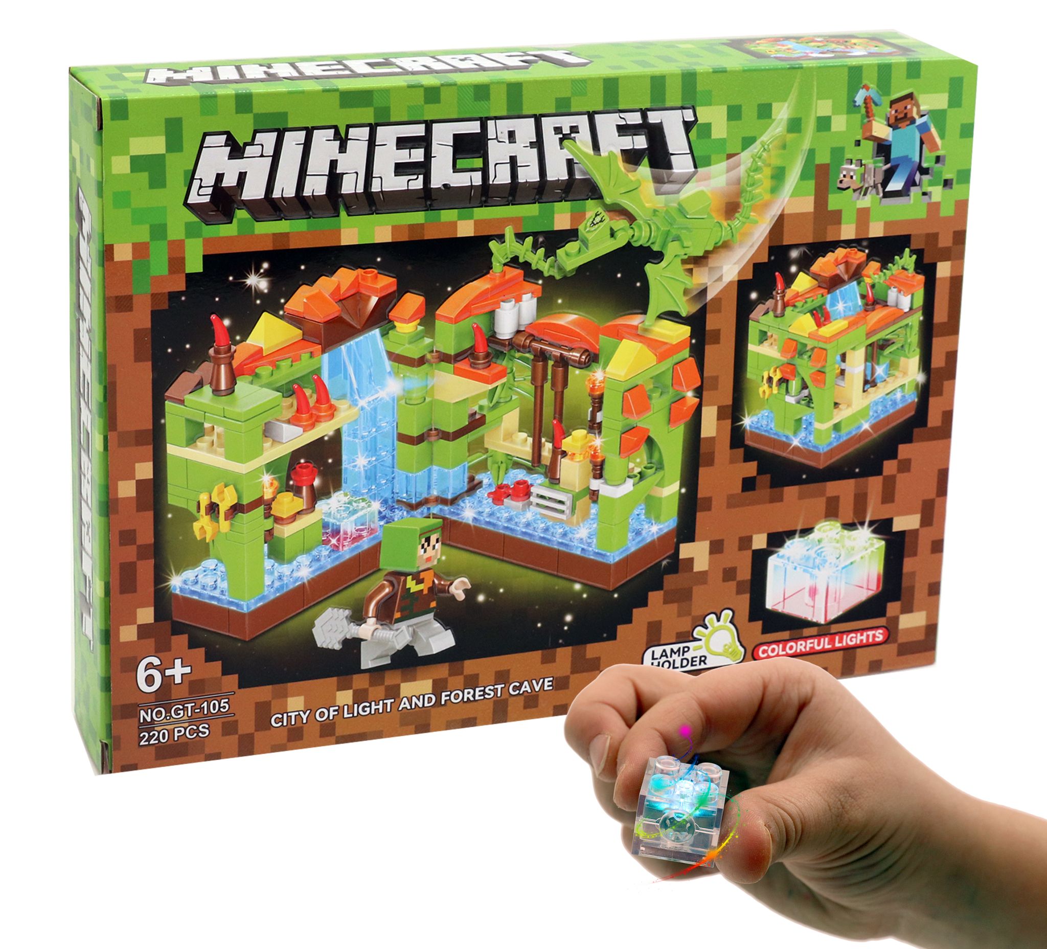 KLOCKI MINECRAFT Zielona Jaskinia BAZA SMOK 220 ele LED