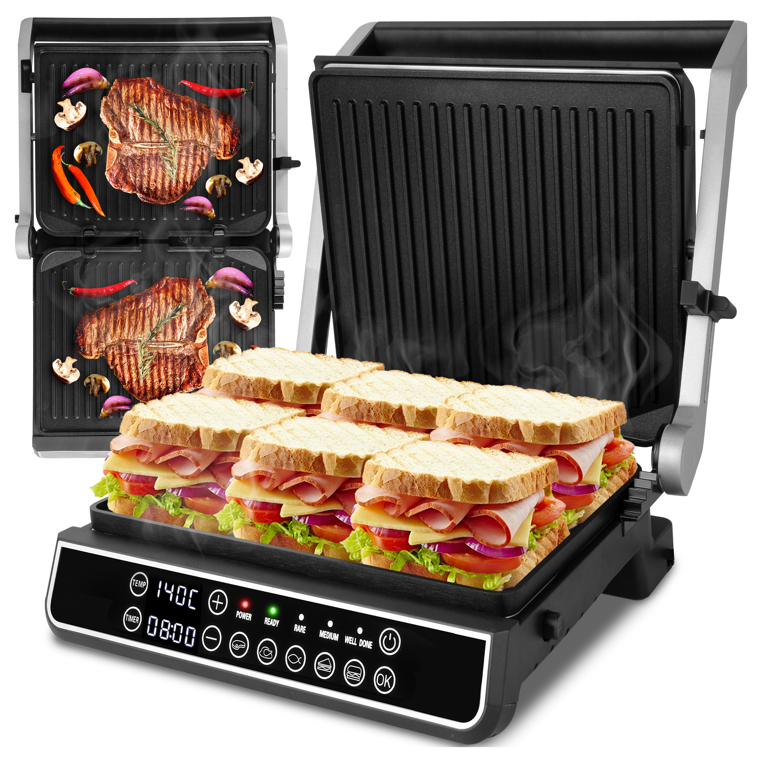 Elektrický Grill Opékač Toustovač Na Sendviče Rozkládací 2500W Displej