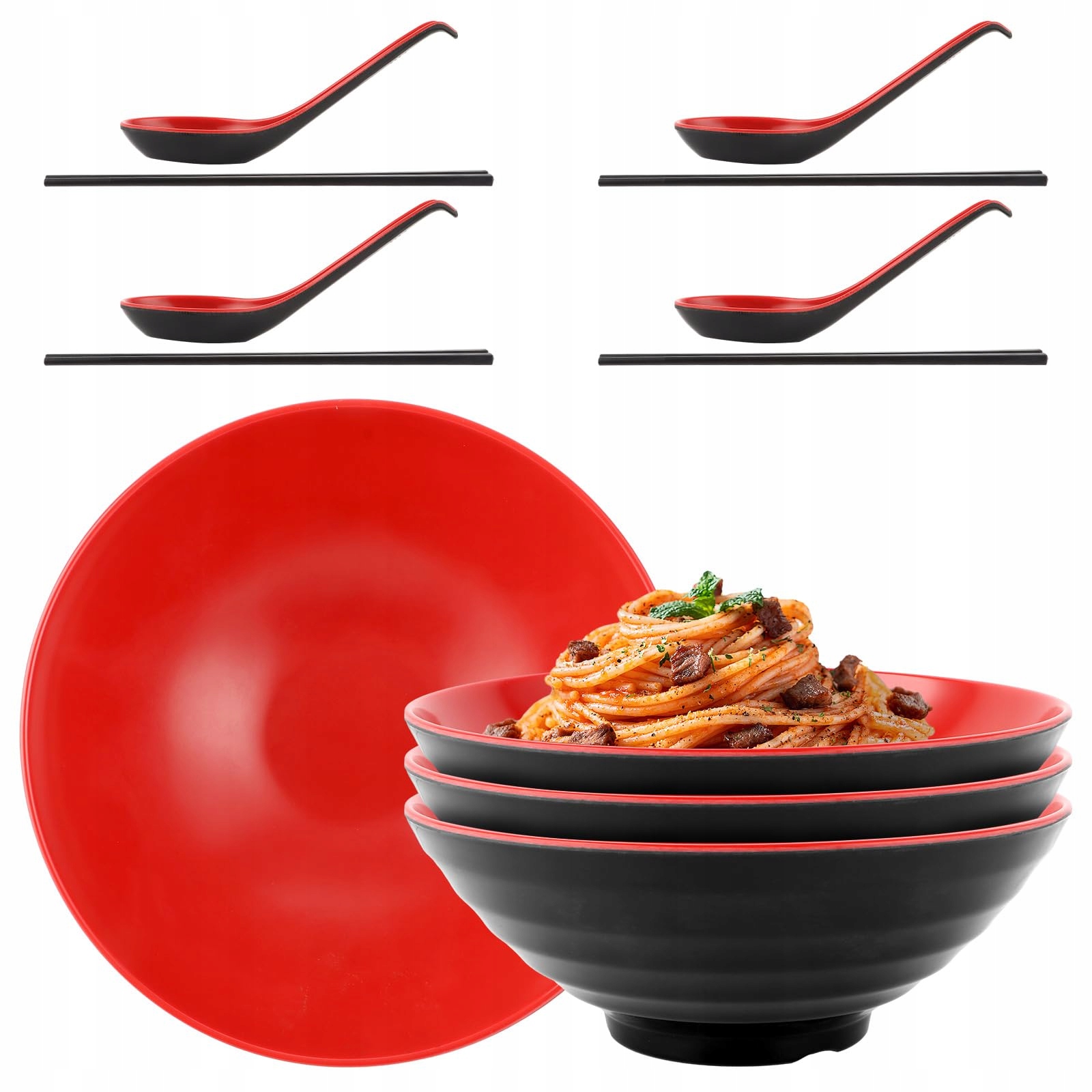 Misky na servírování ramen, 4 kusy, melaminové, černočervené, sada misek