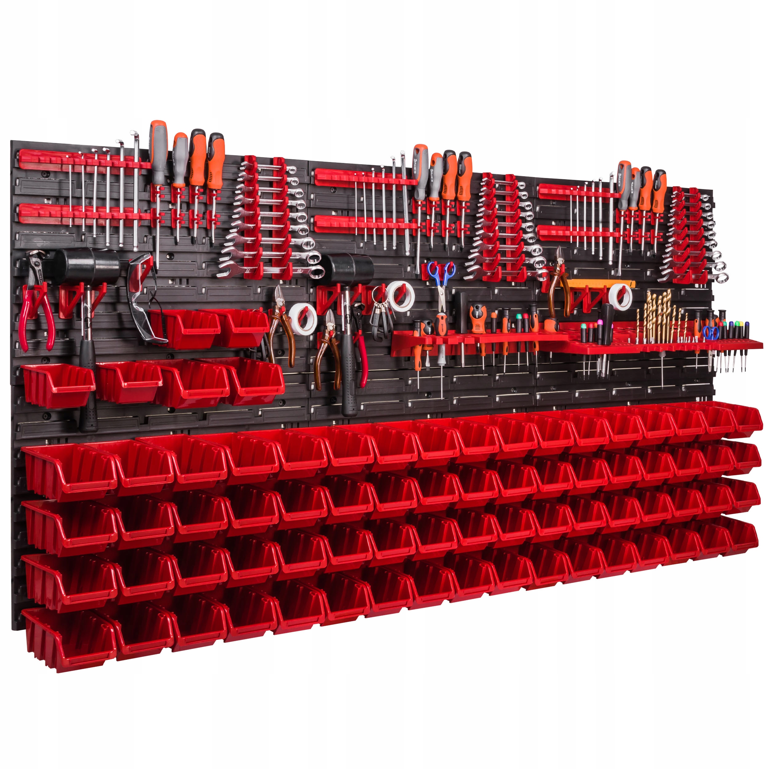 Nástěnná dílenská deska panel na nářadí 172 x 78 cm 74 boxů úložných nádob organizér do garáže na klíče a nářadí
