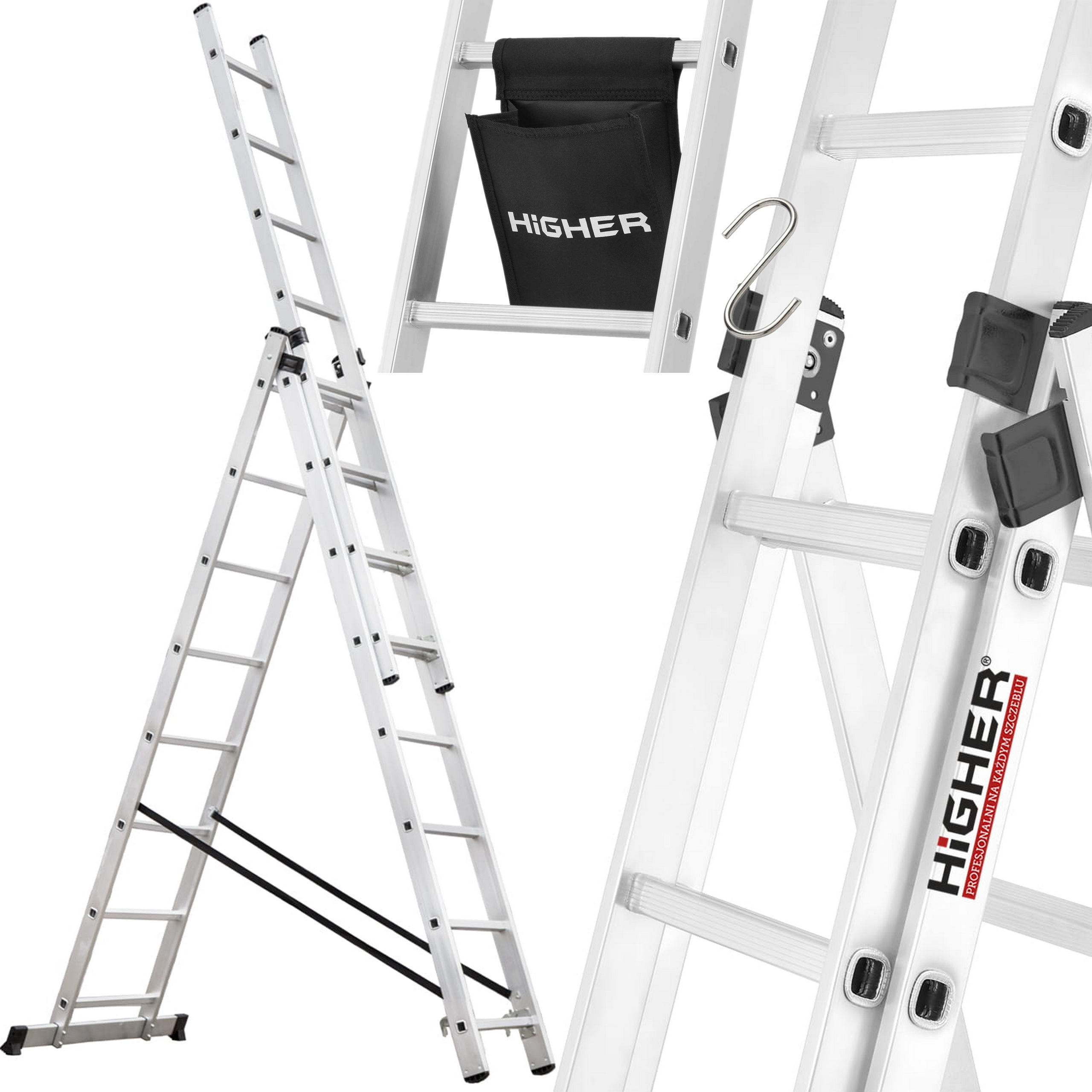 Premium Žebřík žebřík Lehký schodišťový 3X8 150KG 648cm Hák taška