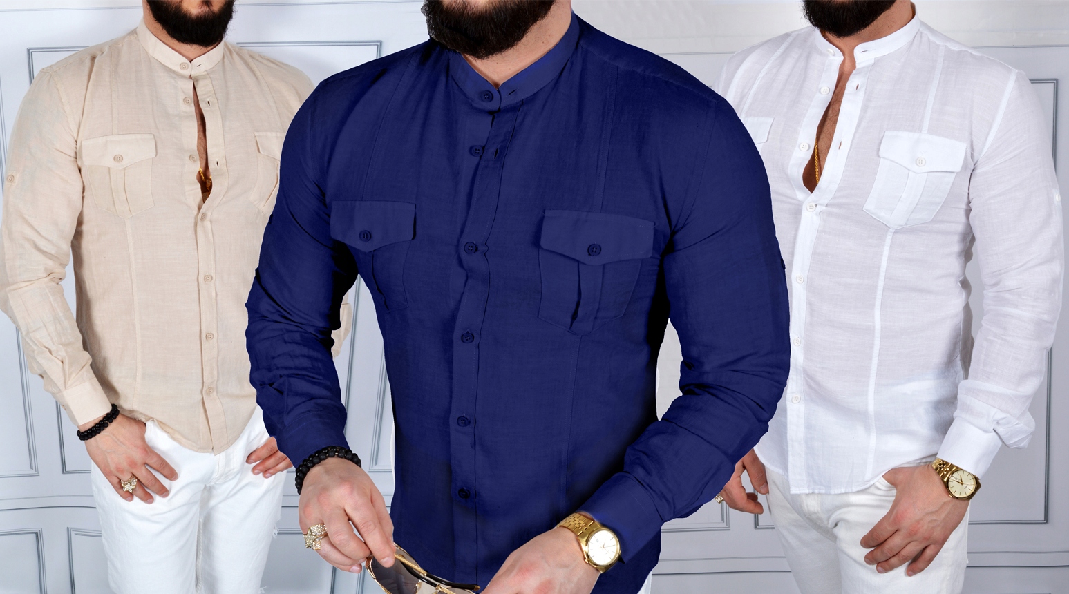 Koszula Męska Stójka Casual Codzienna Lniana Len Rękaw długi rękaw