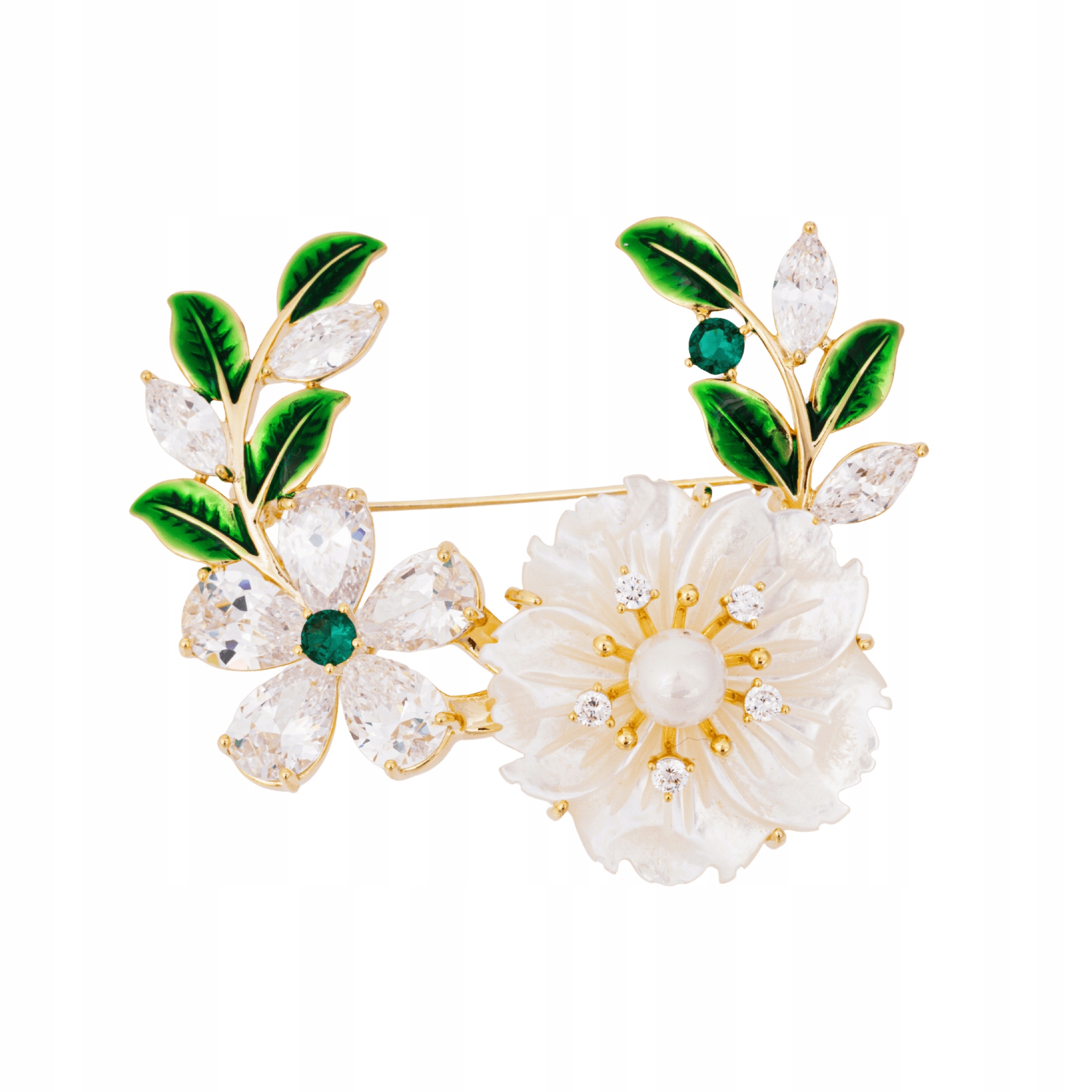 Elegantní pozlacená brož Pinets s bílými květy a kubickými zirkony