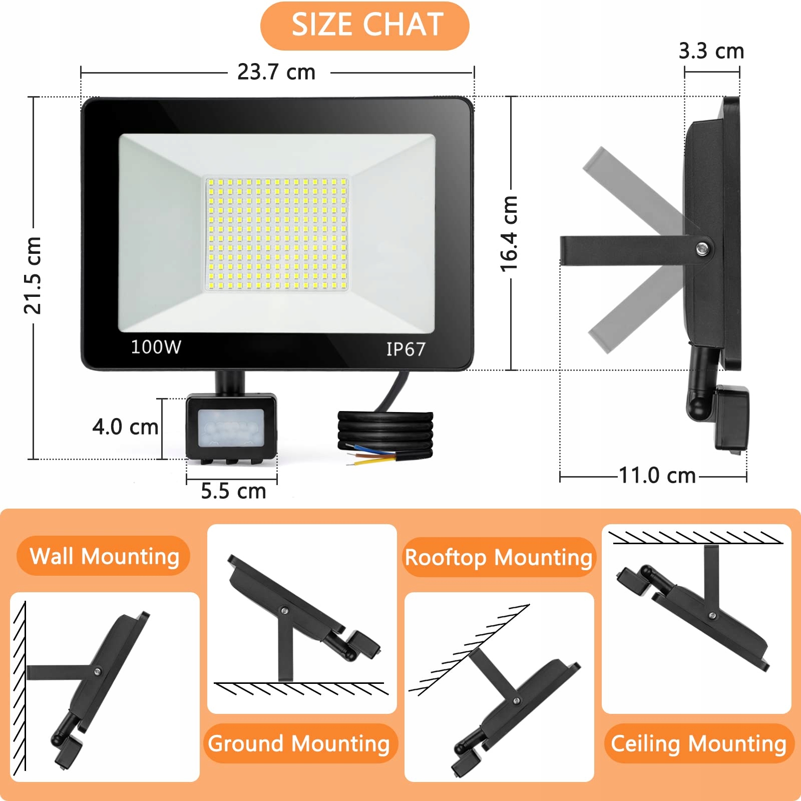 YIQIBRO Reflektor LED Z Czujnikiem Ruchu 100W 10000LM IP67 Na Zewnątrz — miniatura 7