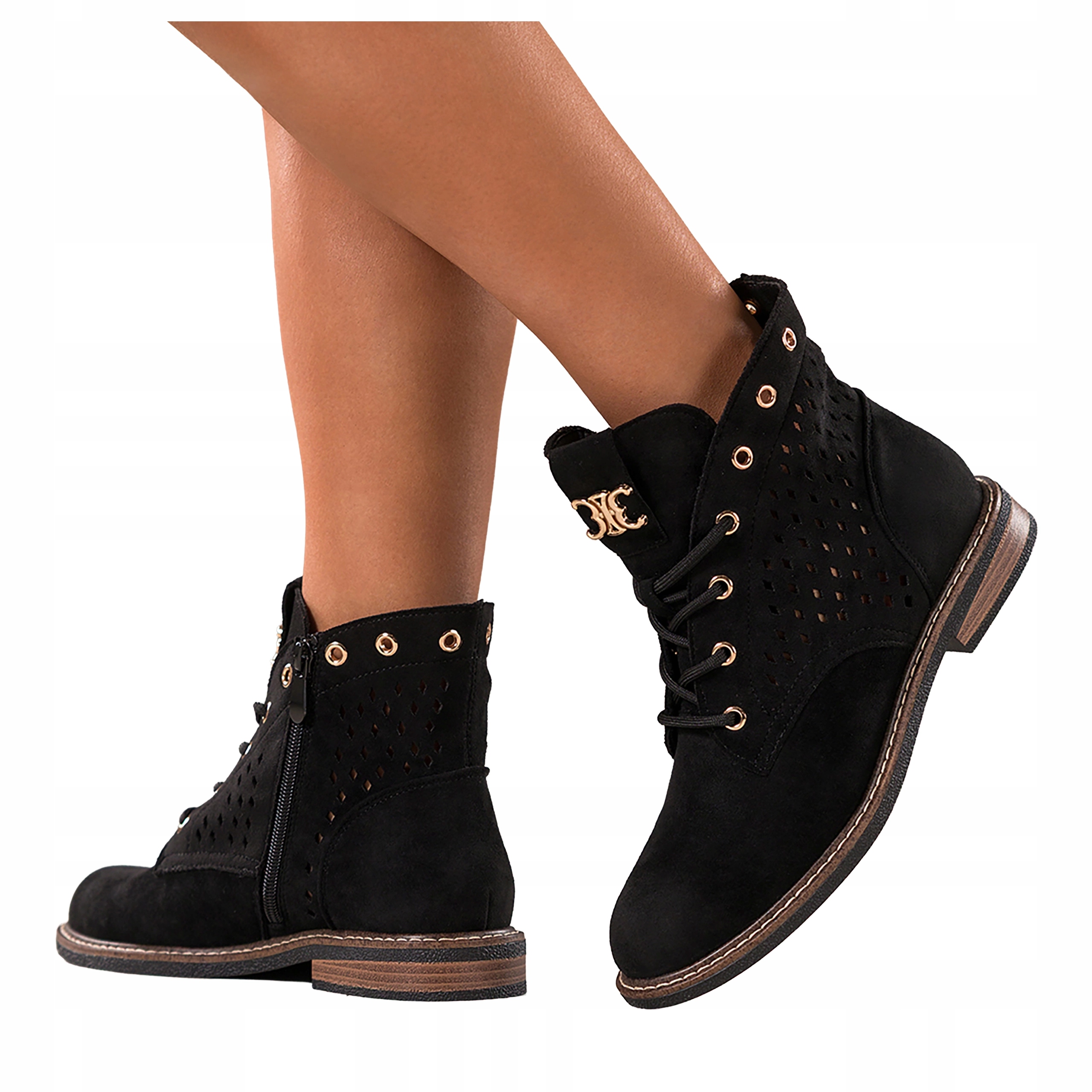 Černé dámské kotníkové boty Šněrovací Ploché Zlaté Semišové ozdoby Prolamované r 36