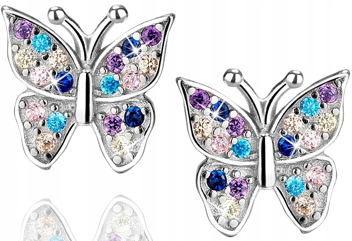 Srebrne Kolczyki 925 Kolorowe Motylki dla Dzieci Stan opakowania oryginalne