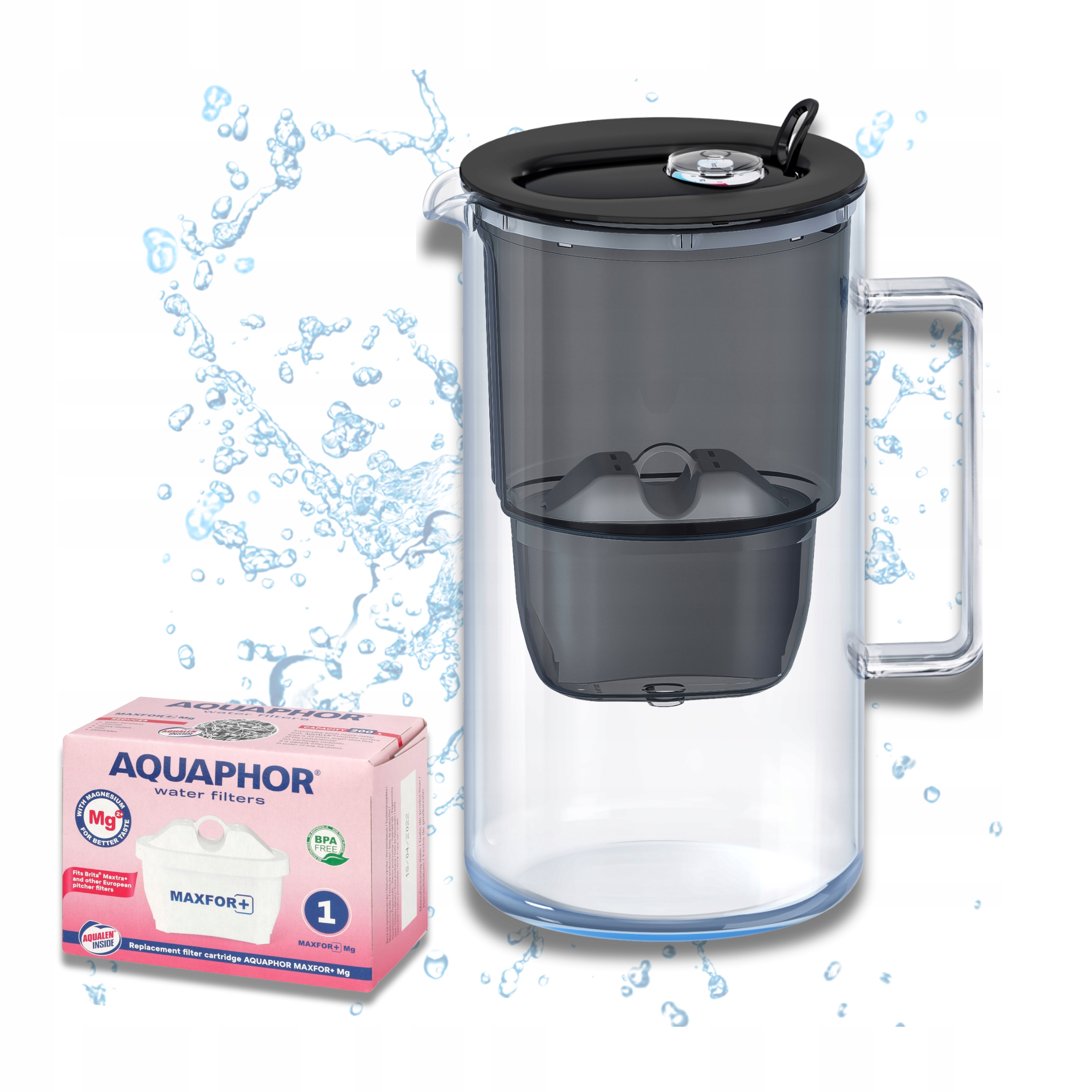Dzbanek filtrujący wodę szklany Aquaphor Glass czarny 1 filtr Maxfor Mg