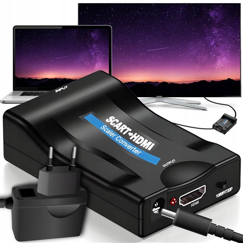 Adapter Konwerter Scart Do Hdmi Przejściówka Sygnalu Eurozłącze Av Euro Fhd