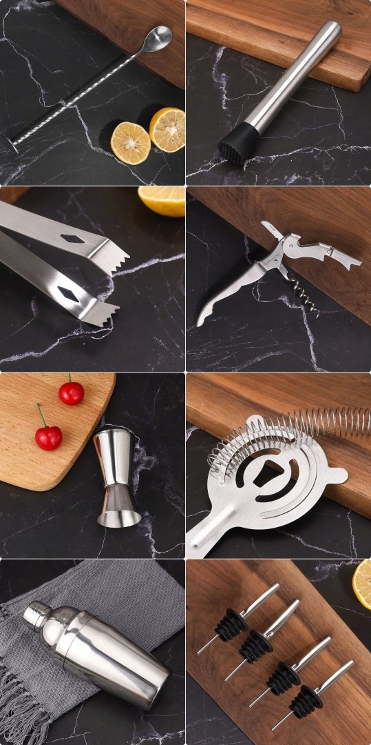 ELEGANCKI STALOWY ZESTAW BARMAŃSKI 17 EL STOJAK BAMBUS Seria Gaston