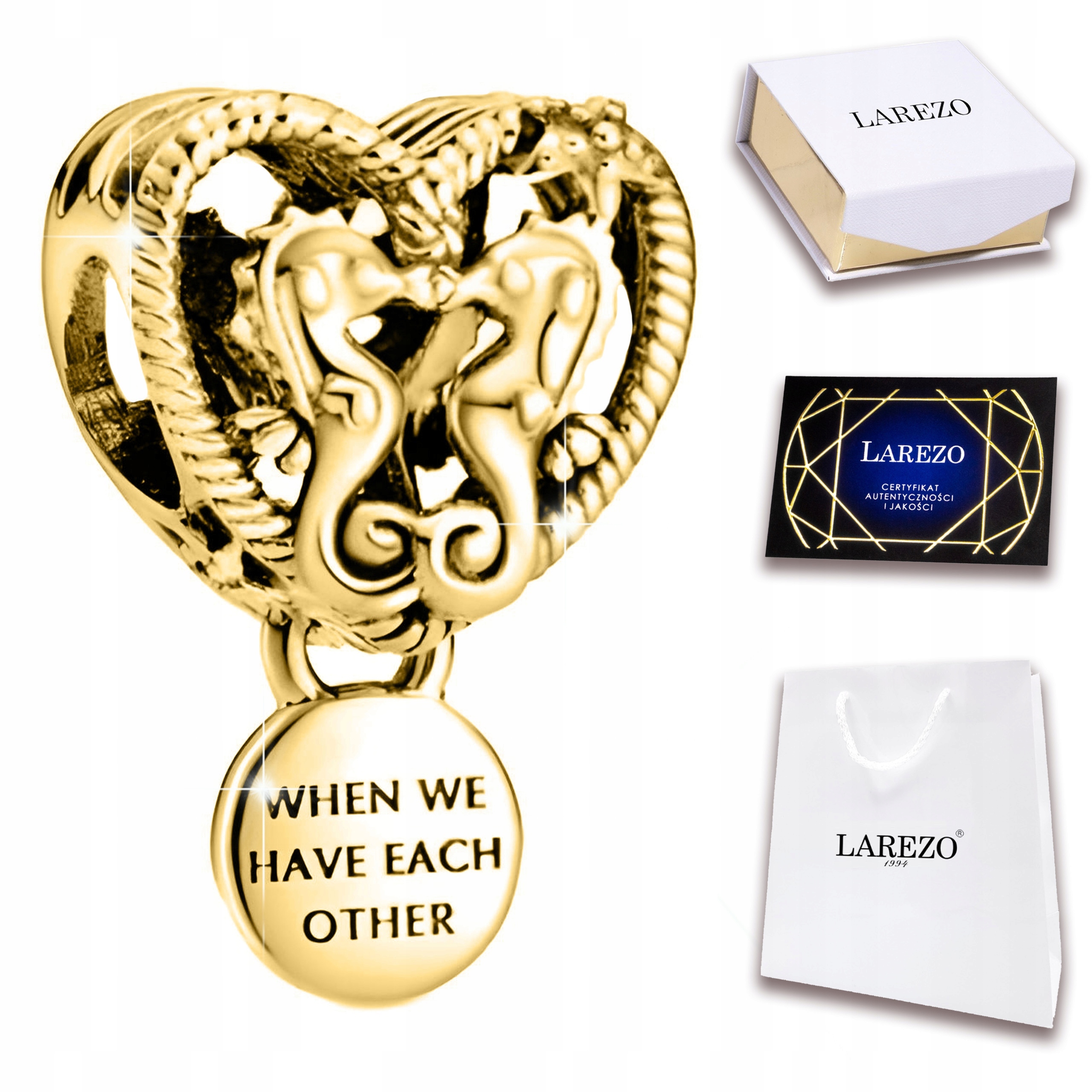 Zlatý Charms Mořský koník Ryba Láska Zvíře Srdce Stříbro 925