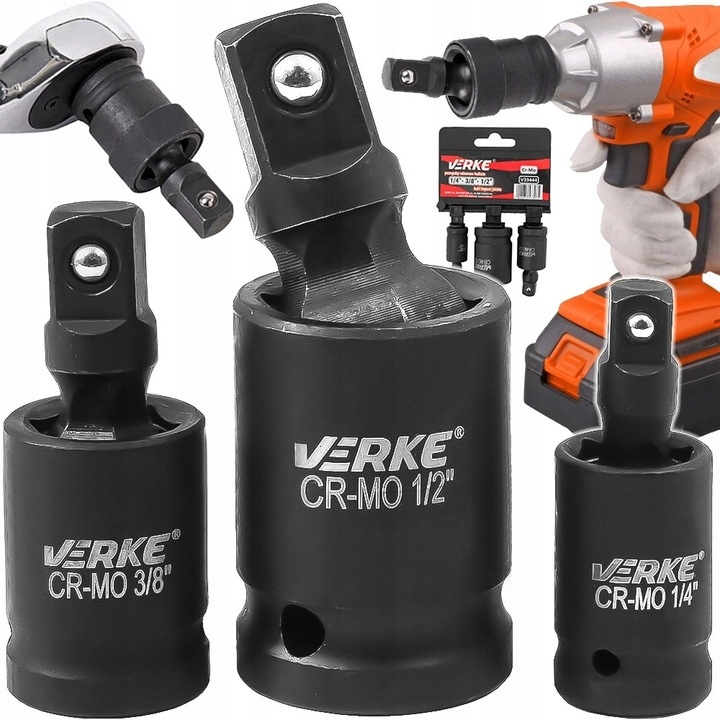 Verke V39444 3x Przeguby Udarowe Kuliste Kulowe 1/2" 1/4" 3/8" Zestaw 3 szt