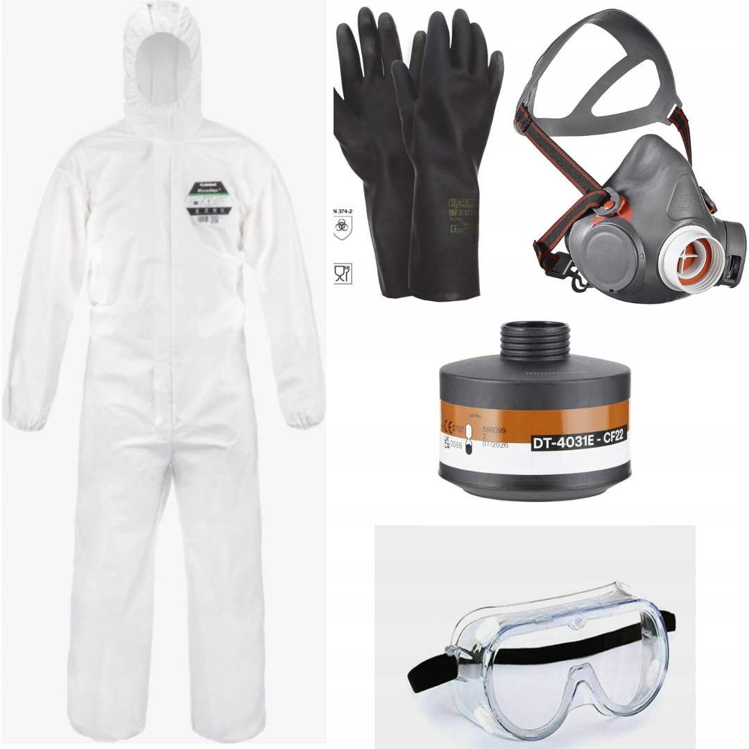 Maska na postřiky sada ochranných obleků brýle rukavice filtry XXL