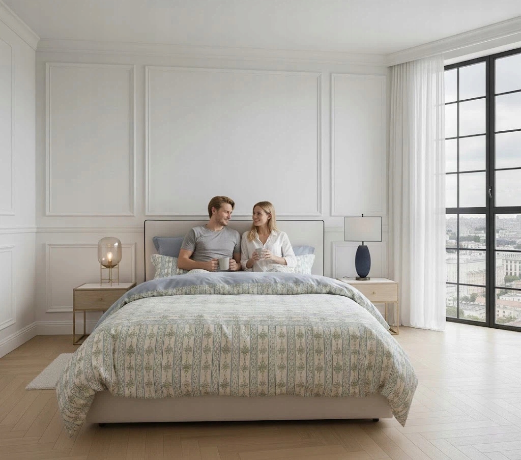 3dílná bavlněná sada povlečení krémová modrá s květinovým a pruhovaným vzorem 220x200 cm, velikost King