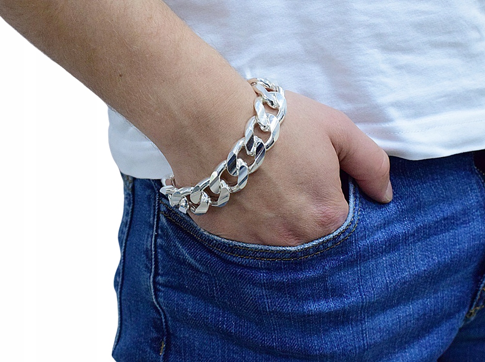 Srebrna Gruba Bransoleta Pancerka Soczewkowa Pełna Diamentowana 1,85 cm