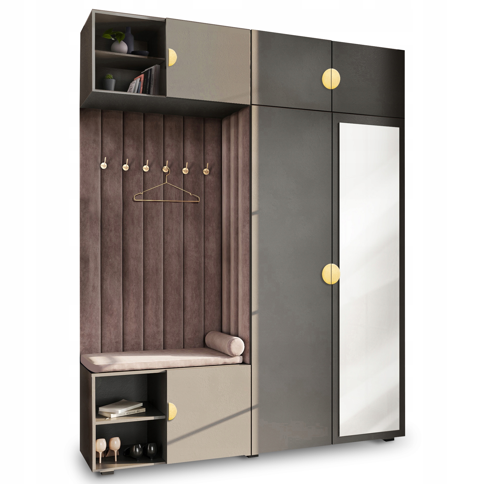 Šatní Skříň Do Předsíně S Sedákem A Zrcadlem, Šedá, Zlatá 87