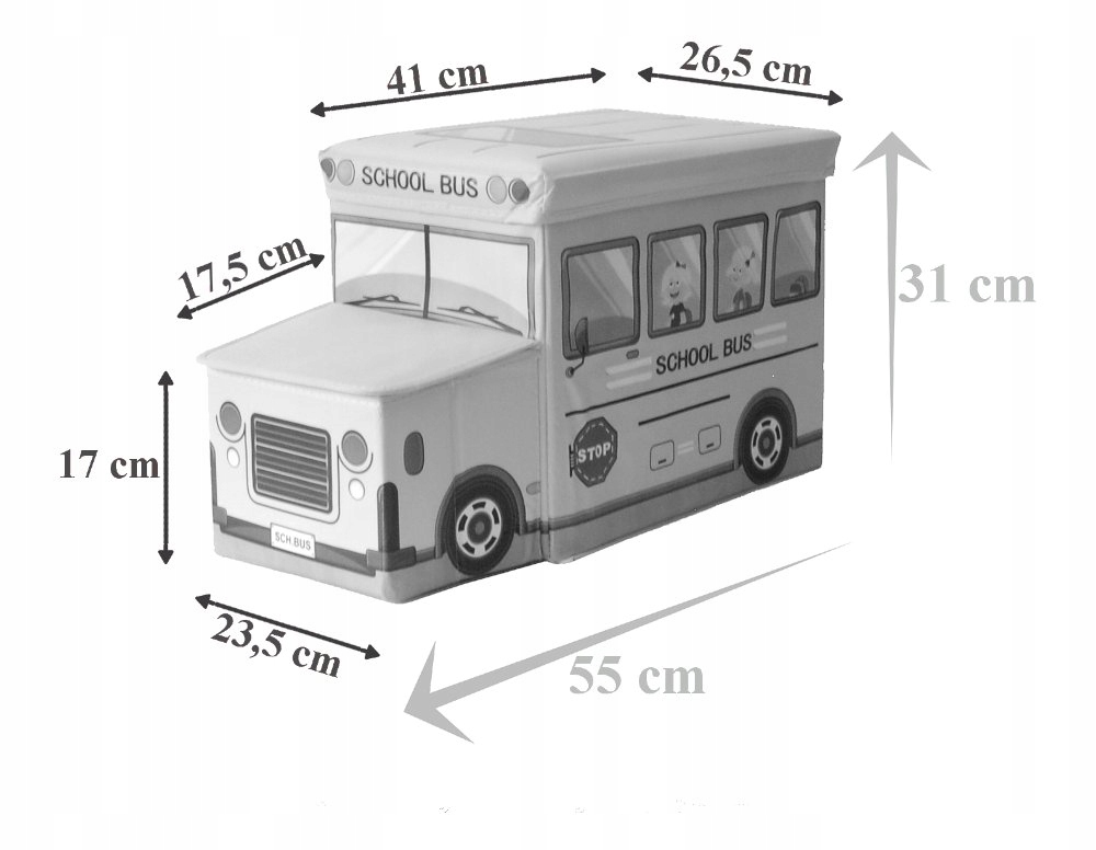 POJEMNIK NA ZABAWKI PUFA SAMOCHÓD KOSZ AUTO AUTOBUS SKRZYNIA KUFER PUDEŁKO Głębokość mebla 23.5 cm