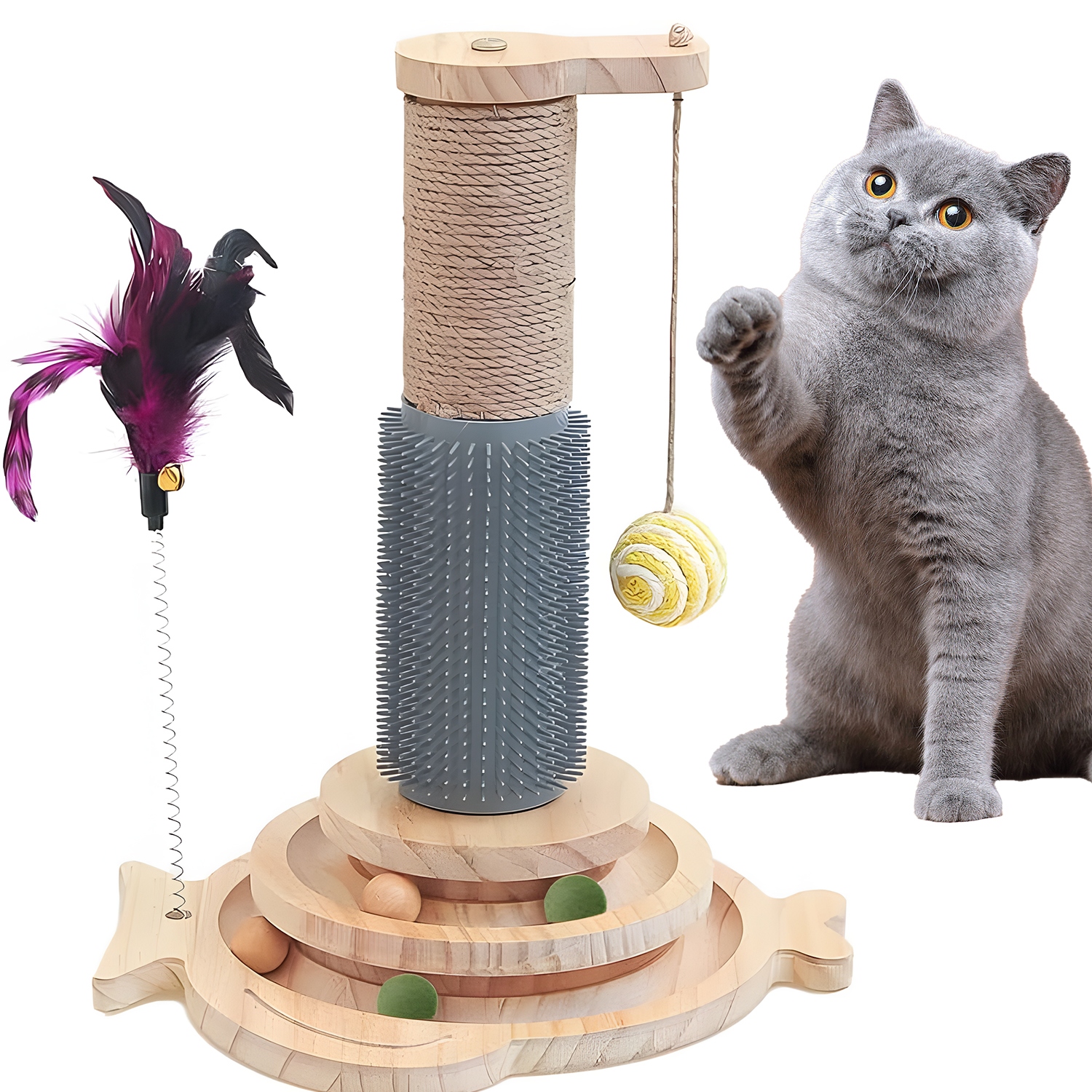 Levně Dřevěné Škrabadlo Pro Kočky S Dráhami Pro Míčky A Masáží 40*29 CM