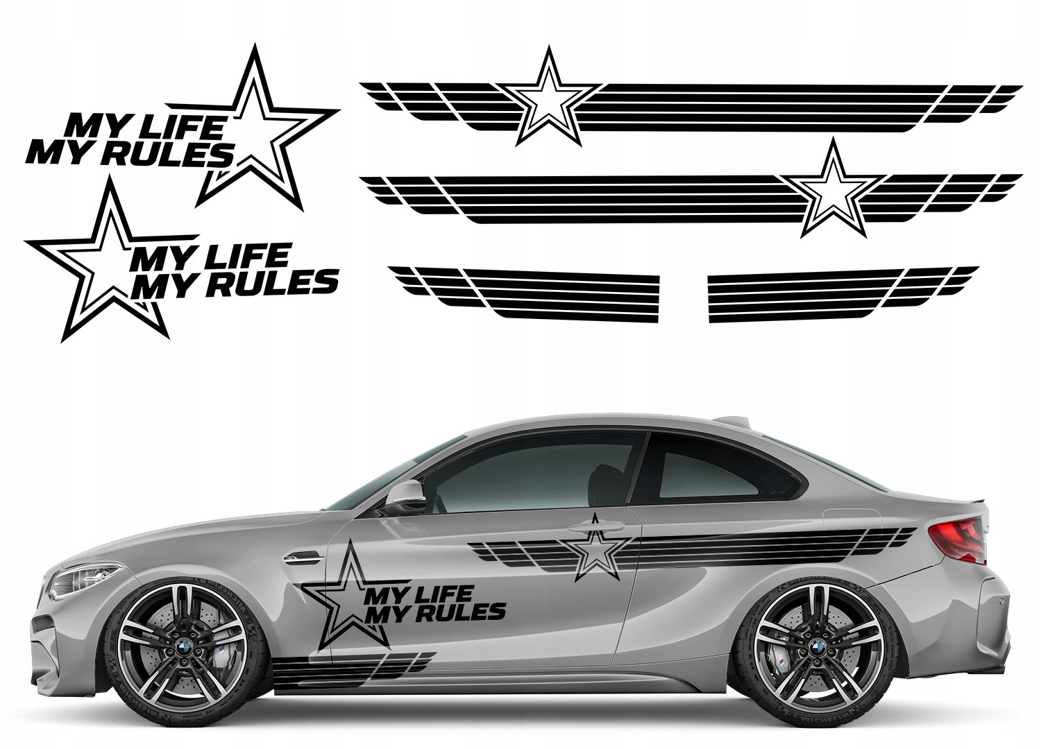 2x Nálepka Grafika na auto Motiv My Life My Rules Hvězdy Stars 92x306