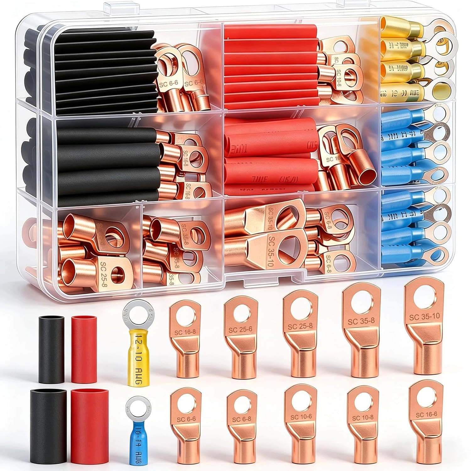 Konektory Oczkowe Miedziane 6-25 mm² M6 M8 Termokurczki Zestaw 110szt.