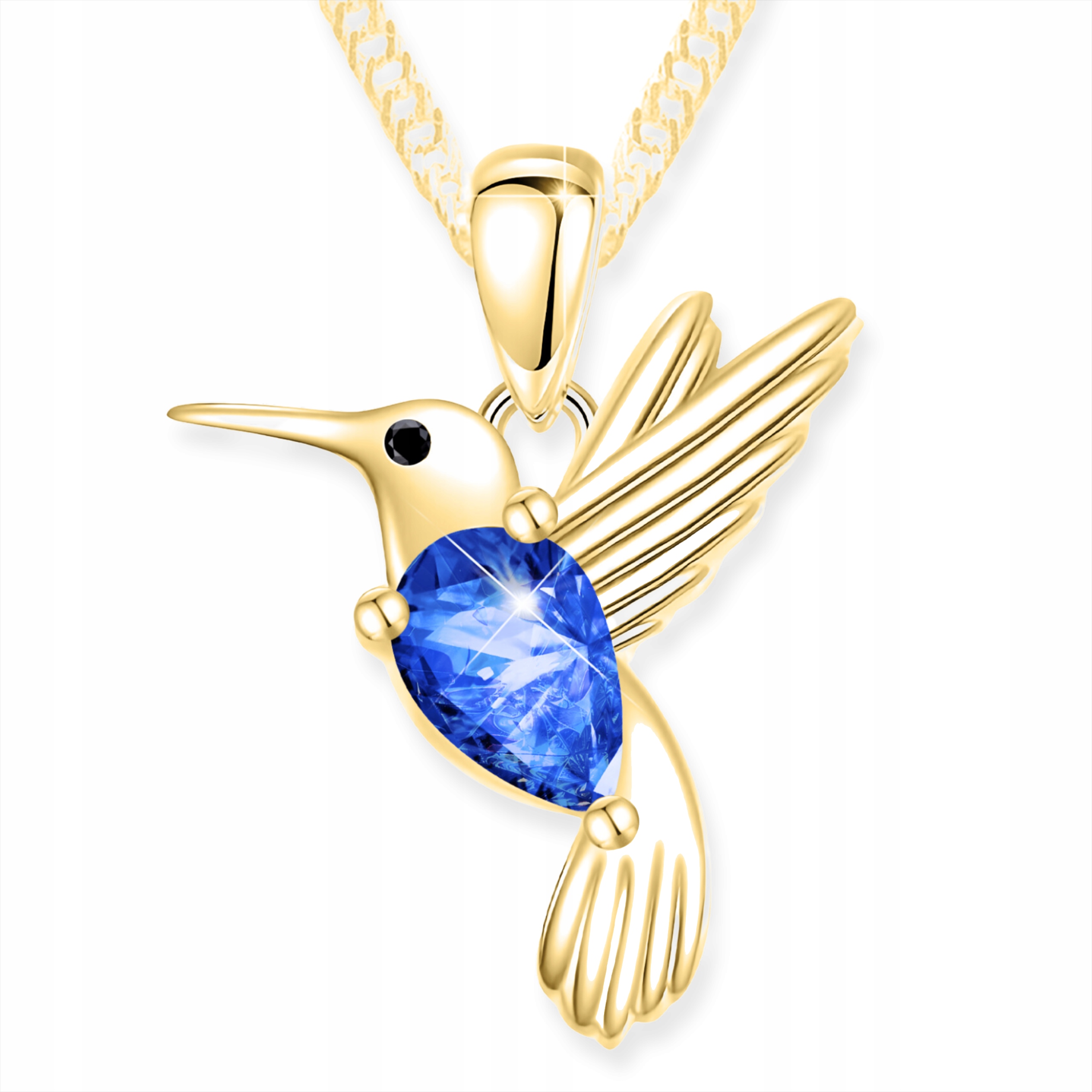 Zlatý Náhrdelník s Ptáčkem 925 Pták Kolibřík Zirkon Safírový Pozlacený 585
